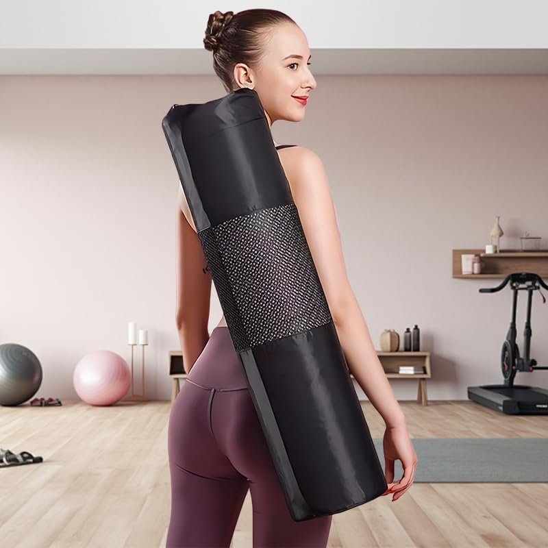 Yoga Mat Bag with Adjustable Strap, Drawstring Water Bottle Pocket, Stylish & Functional Fitness Mat Holder for Women & Men, Black