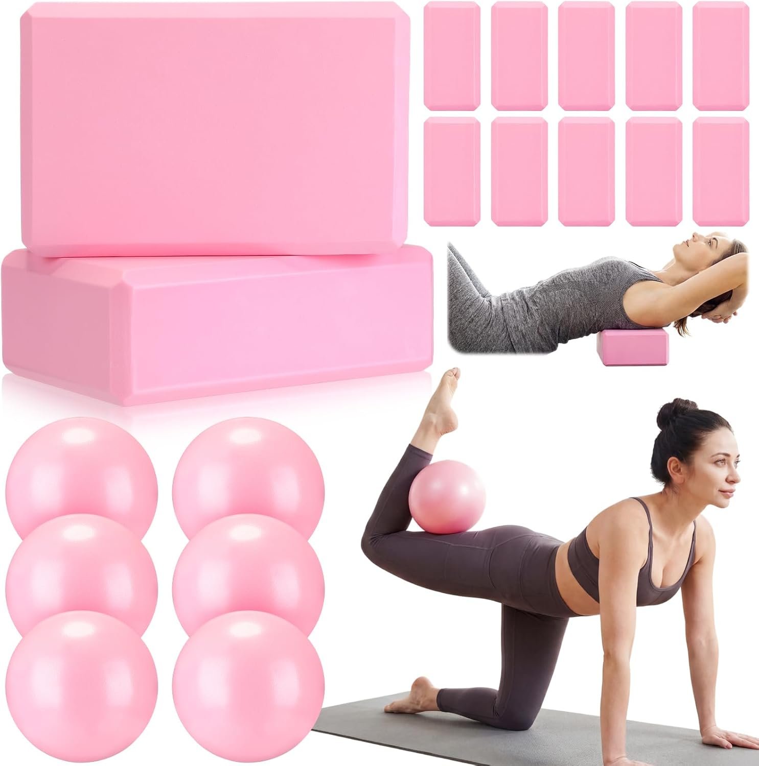 18 Pieces Yoga Block and Pilates Ball Set, 12 Foam Non-slip Yoga Bricks with 6 Small Exercise Balls for Pilates, Stretching & Home Workout