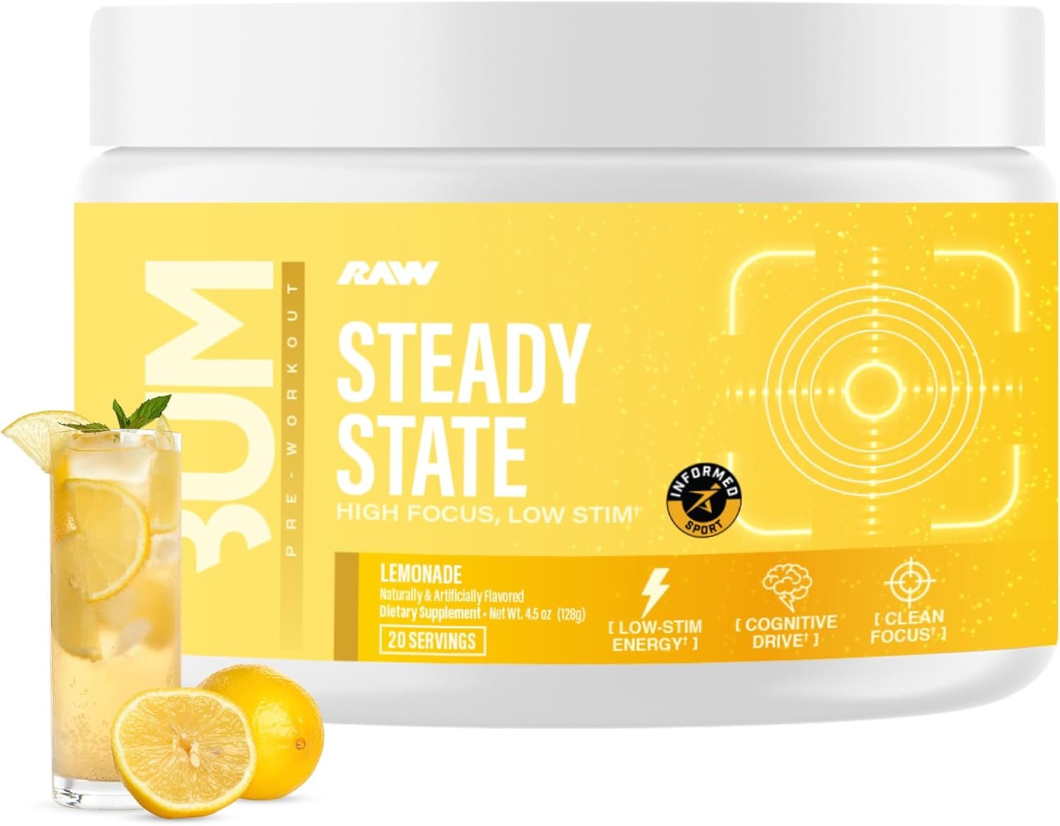 RAW Steady State Low Stim Nootropic Pre Workout Powder for Men & Women – Low Stimulant Neuopathy Supplement for Energy & Focus – No Jitters or Tingles – Natural Extended Release Caffeine – 20 Servings