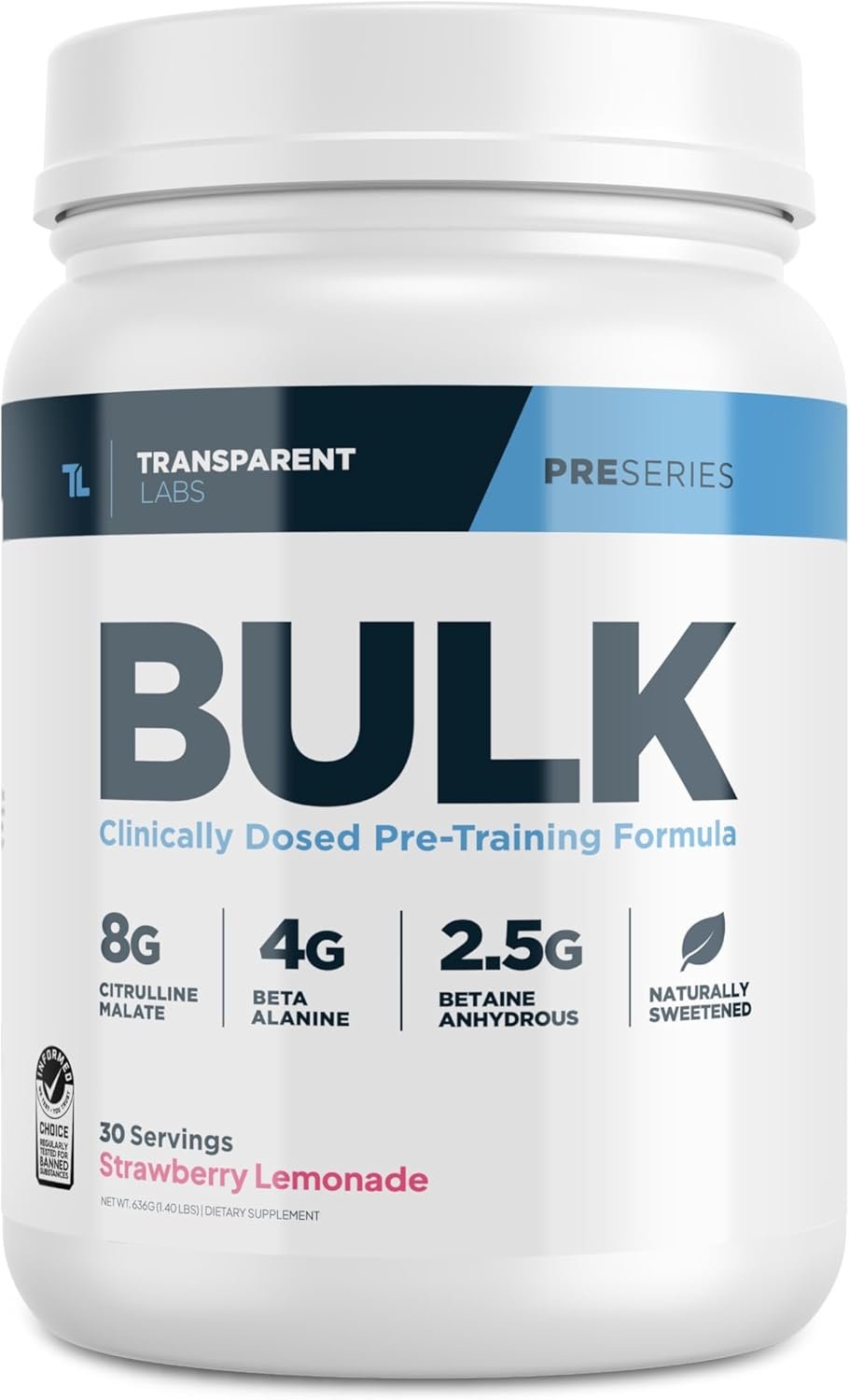 Transparent Labs Bulk Pre Workout Powder – Naturally Sweetened Preworkout for Men & Women, Pre Work Out for Muscle Building & Strength w/Beta Alanine & BetaPure – 30 Servings, Strawberry Lemonade