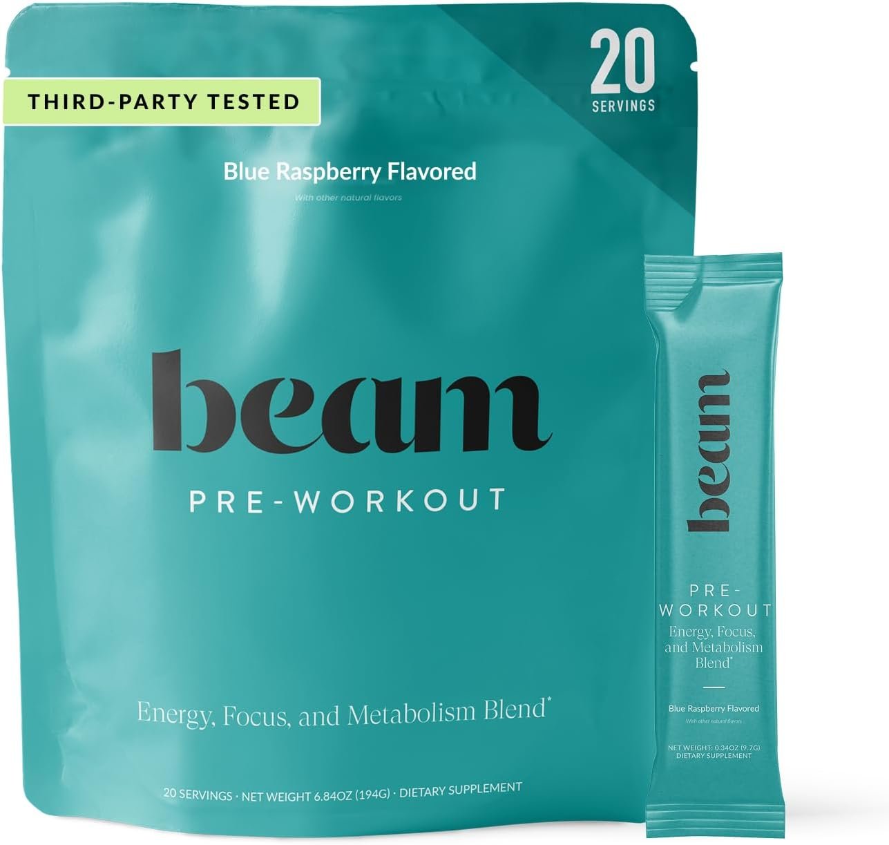 Beam Pre Workout Powder – Pre Workout Supplement with Organic Caffeine, 350 mg Electrolytes & Nootropic Focus Support, No Sugar, Pre Workout for Women & Men, Blue Raspberry Flavor, 20 Servings