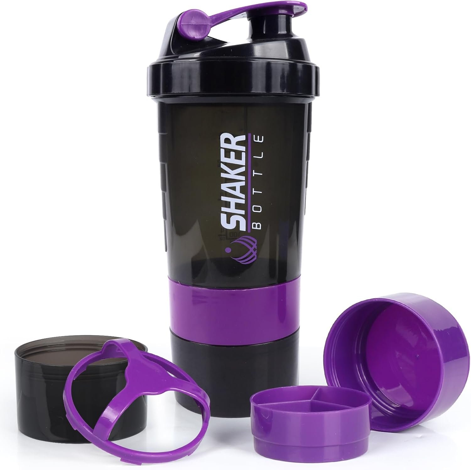 XSUPER Shaker Bottle, Leak Proof Shaker Bottle for Protein Mixes,16oz 3 Layer Twist Off Cup with Pill & Supplement Storage, Gym Sports Cup for Protein Powder, Purple