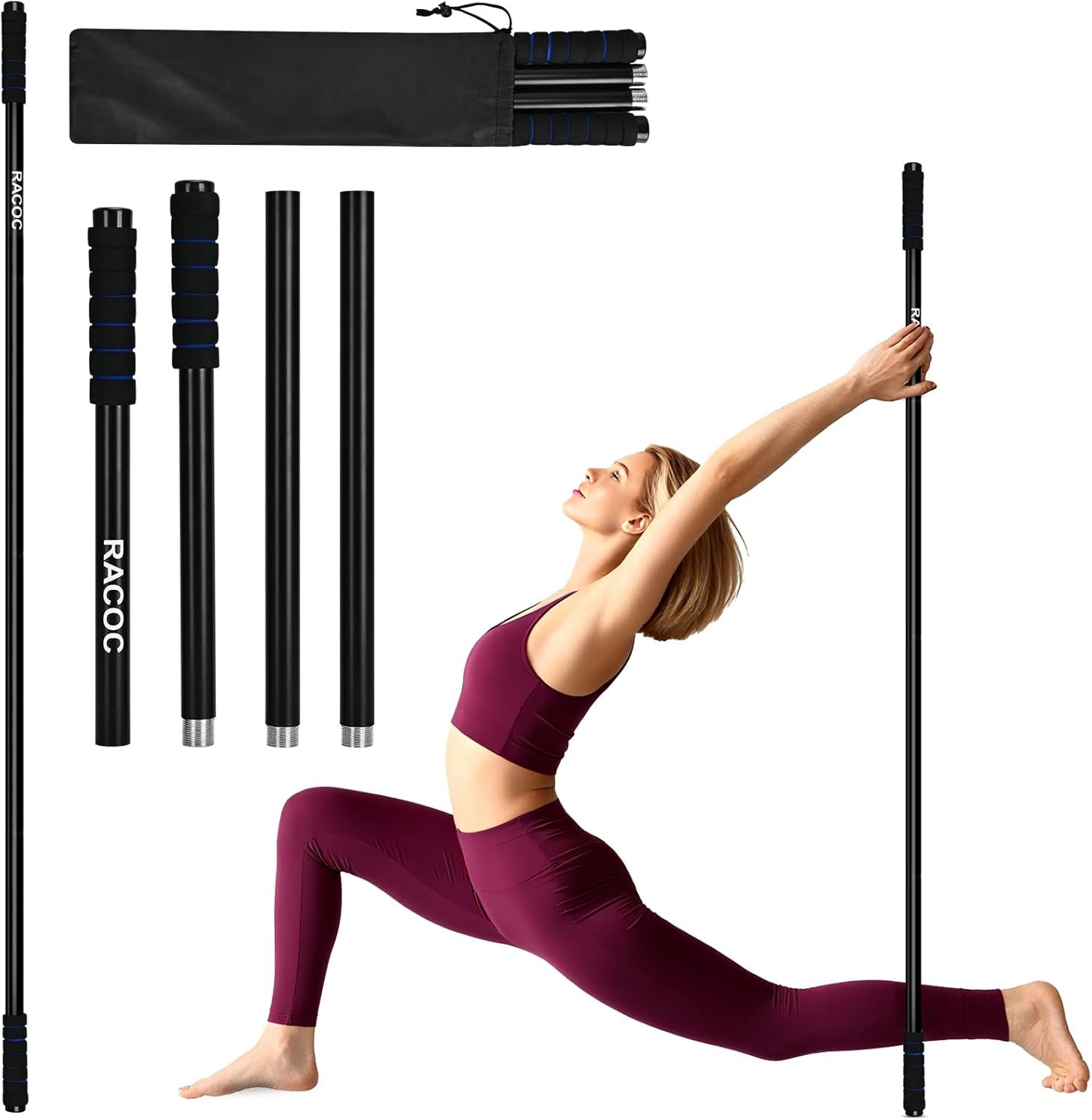 Yoga Stick 5 ft, Sturdy Steel Adjustable Stretching Stick for Mobility, Balance and Flexibility, Versatile Exercise Stick with Non-Slip Ends and Foam Handles for Fitness, and Posture Correction