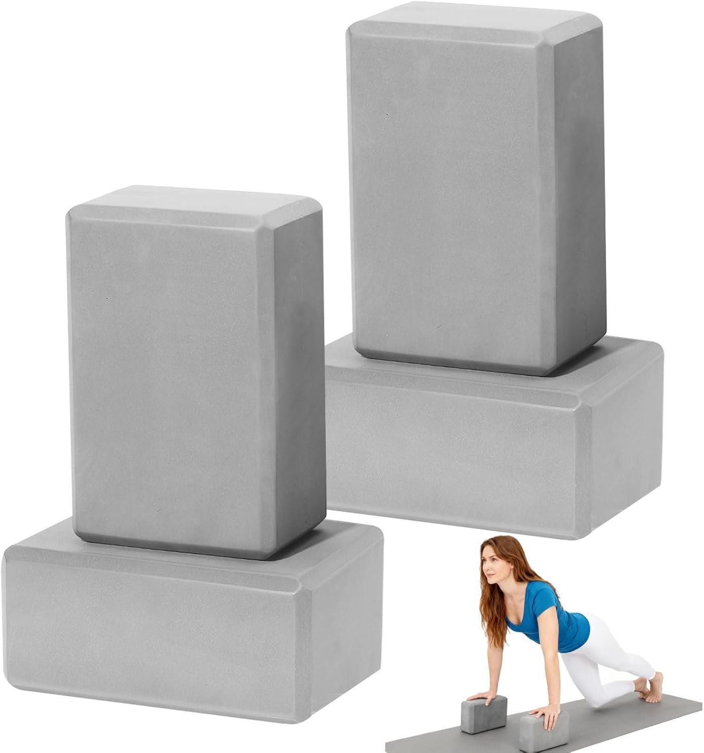 4 Pack Yoga Blocks – Premium EVA Foam Blocks for Pilates Workout, Stretching, Meditation – Yoga Brick for Flexibility, Balance, Spine Strength, Non-slip and Lightweight Exercise Blocks (Gray)