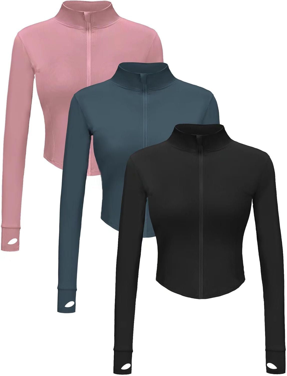 Dalavch 3 Pack Womens Cropped Full Zip up Workout Jacket Slim Fit Running Athletic Gym Yoga Sports Jacket with Thumb Holes