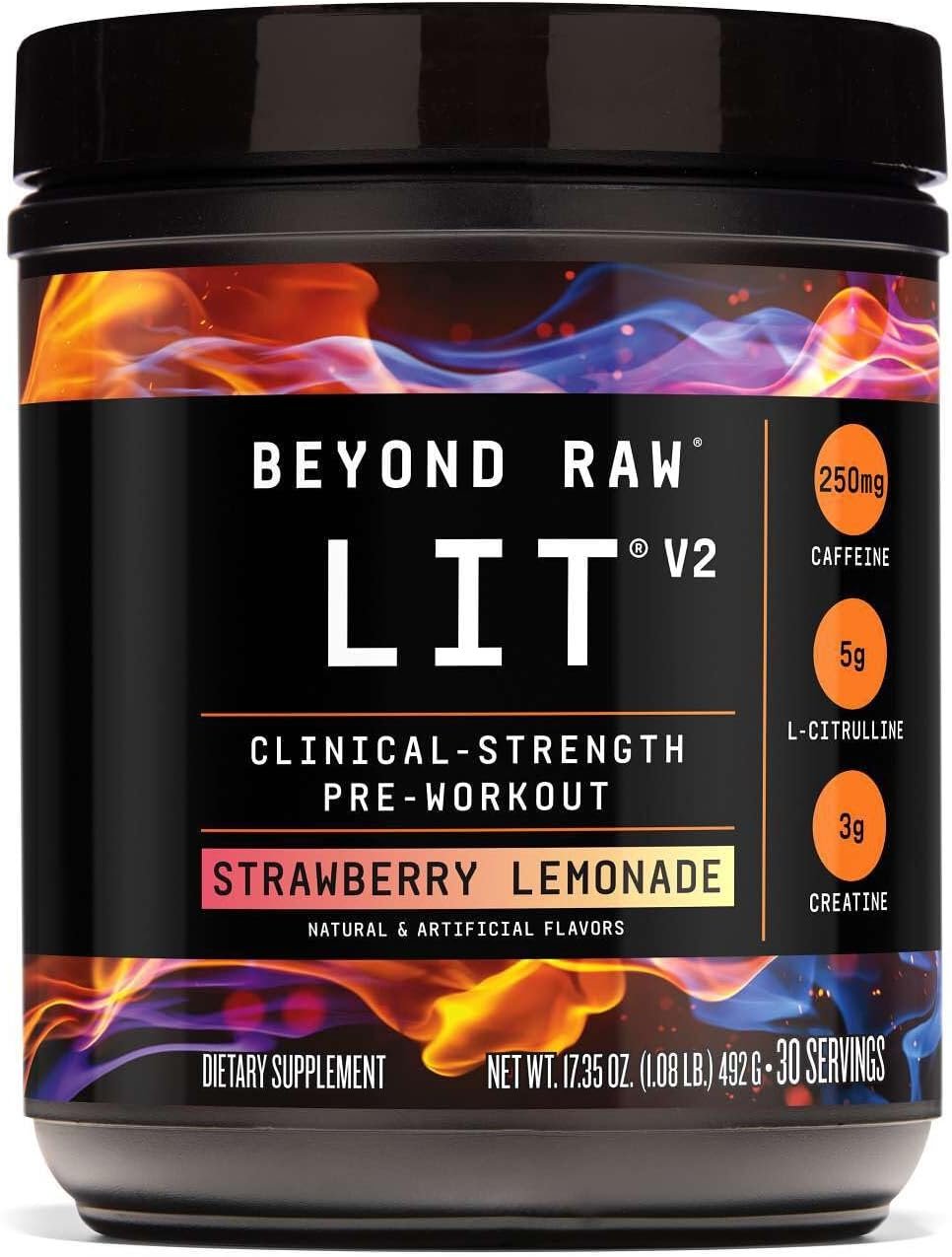 BEYOND RAW LIT V2 Clinical Strength Pre Workout Powder, Hits Harder, Bigger Pumps, Caffeine, L-Citrulline, Creatine, Strawberry Lemonade, 30 Servings