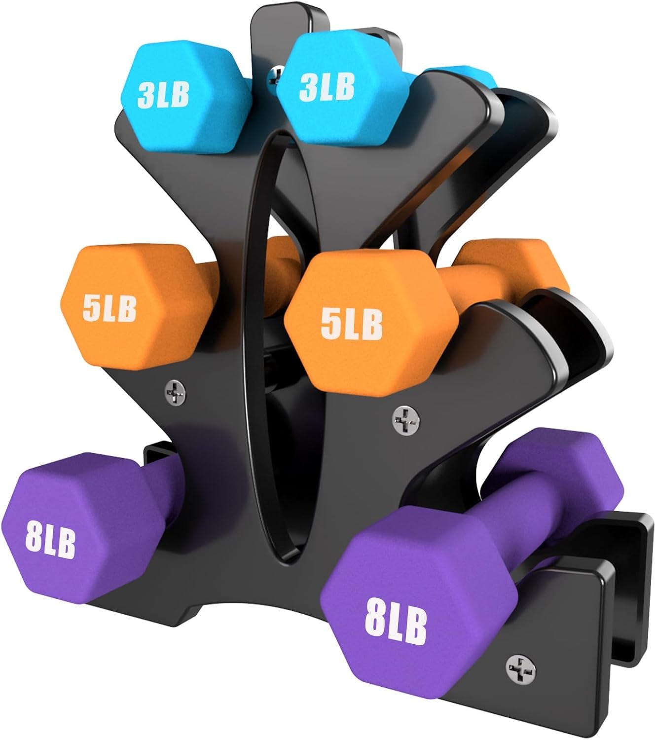 Portzon Weights Dumbbells Set 3, 5, 8, and 10 Pound Neoprene Dumbbell Free Hand Weight Set with Rack, Ideal for Home Exercises, 32 LB, Anti-Slip, Anti-roll, Hex Shape