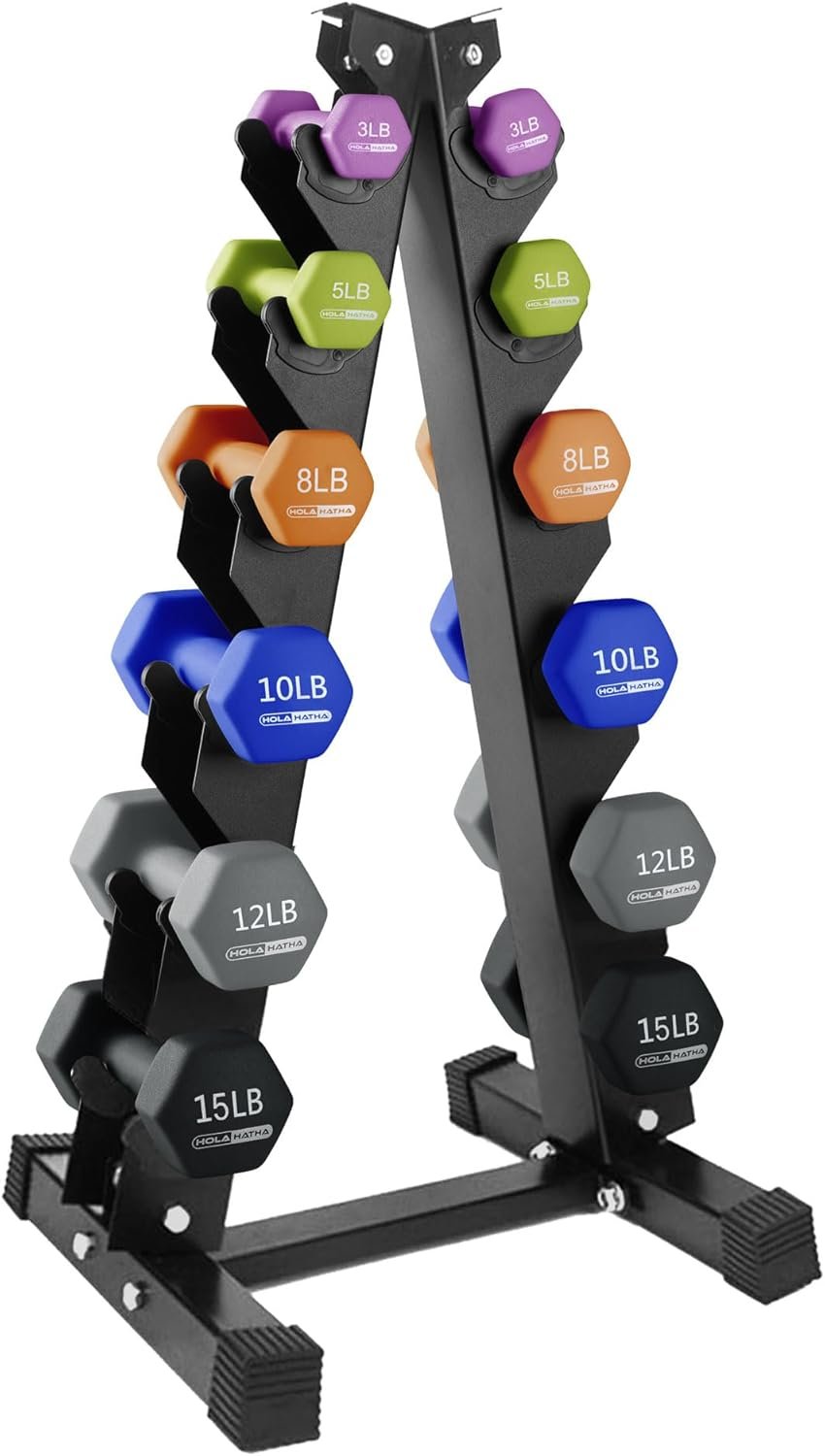 HolaHatha Neoprene Dumbbell Weights Set w/Rack, Home Gym Equipment – Portable Weighted Exercise Dumbbells for Fitness, Training, and Lifting Workouts