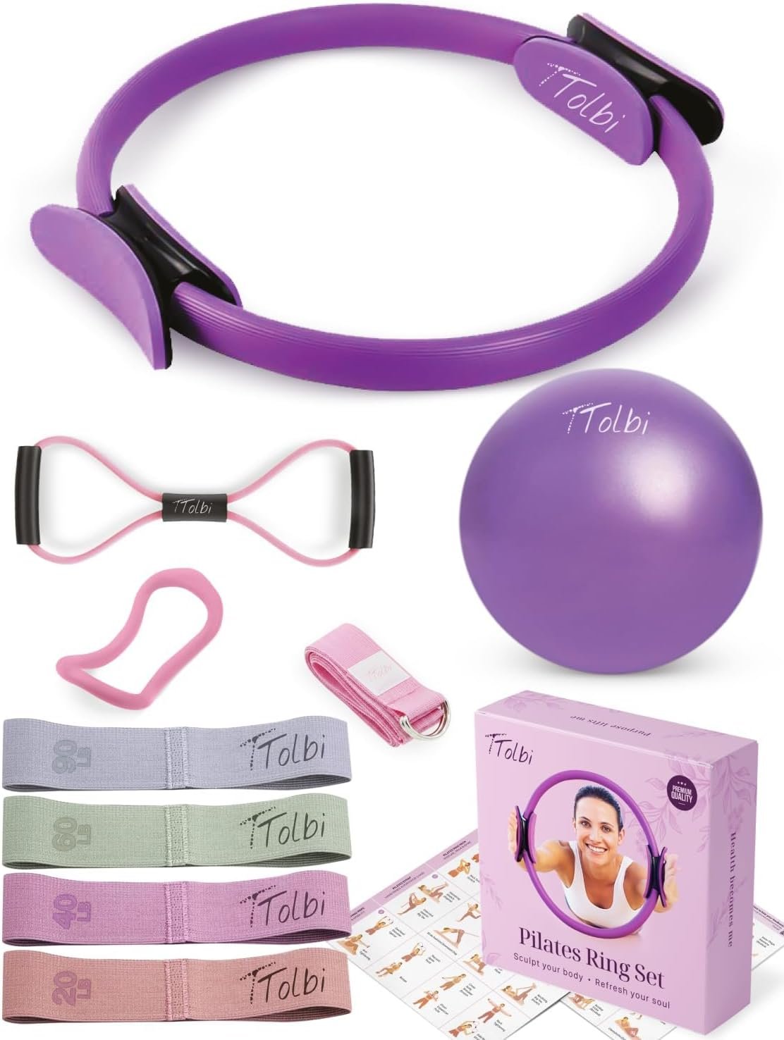TTolbi Pilates Equipment Kit – Pilates Ring and Ball Set, Home Pilates Workout Kit for Women with Essential Accessories for At Home Workouts to Tone, Strengthen, Balance & Improve Flexibility
