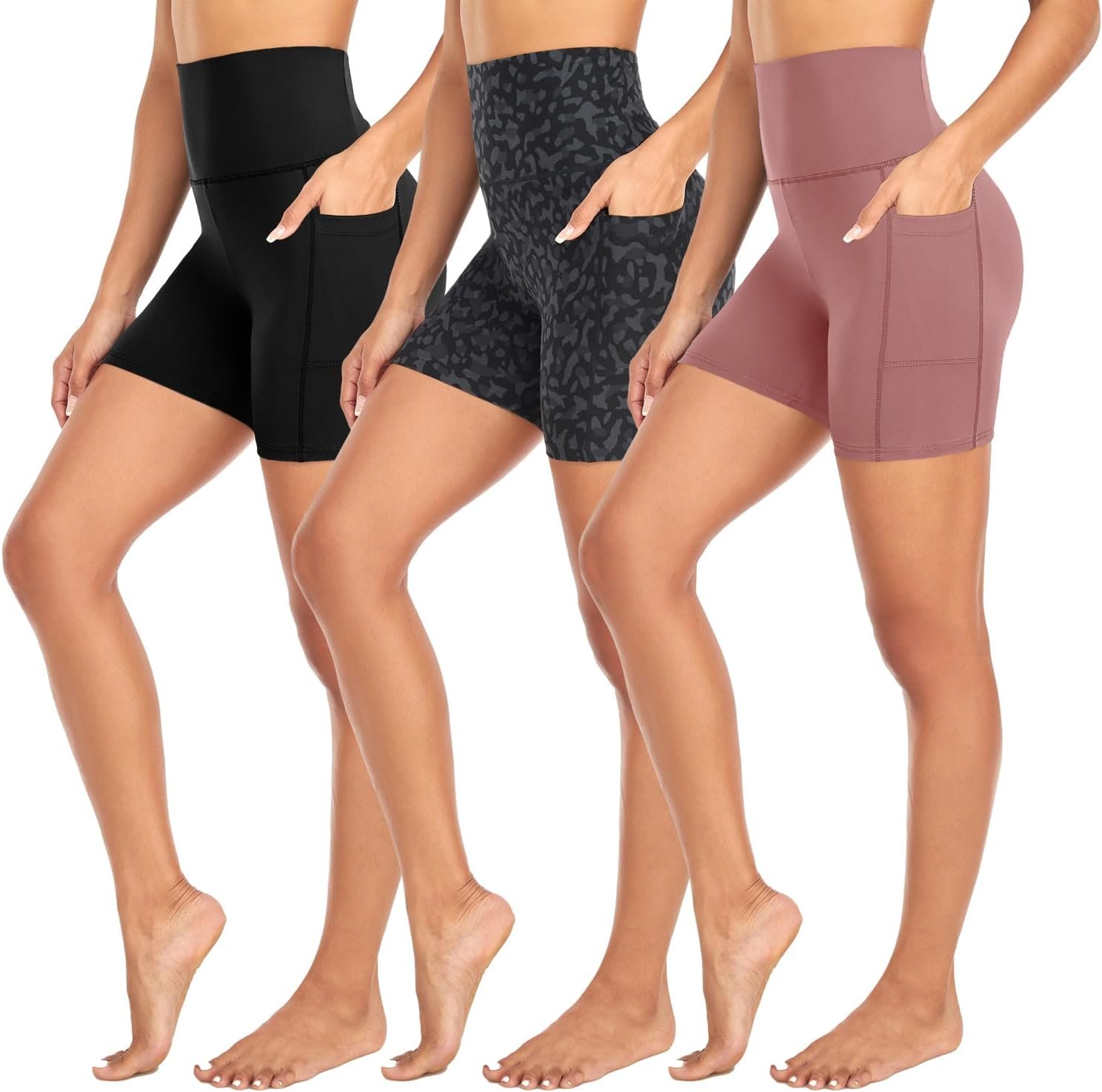 MOREFEEL 3 Pack Biker Shorts Women with Pockets – 5″ Tummy Control High Waisted Workout Gym Yoga Athletic Shorts