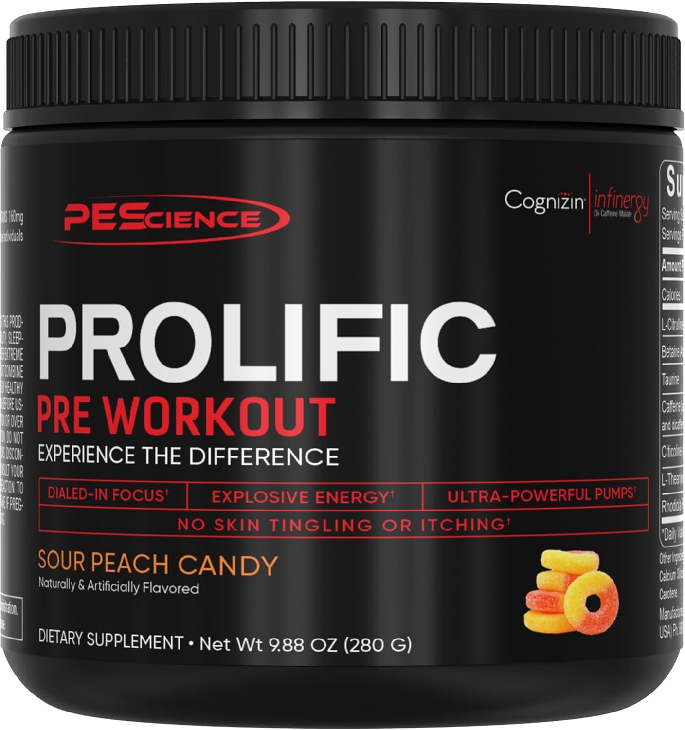 PEScience Prolific Pre Workout Powder for Men & Women with L-Citrulline Nitric Oxide Booster, Energy Powder & Nootropic for Focus – Preworkout Without Beta Alanine – 40 Scoops, Sour Peach Candy
