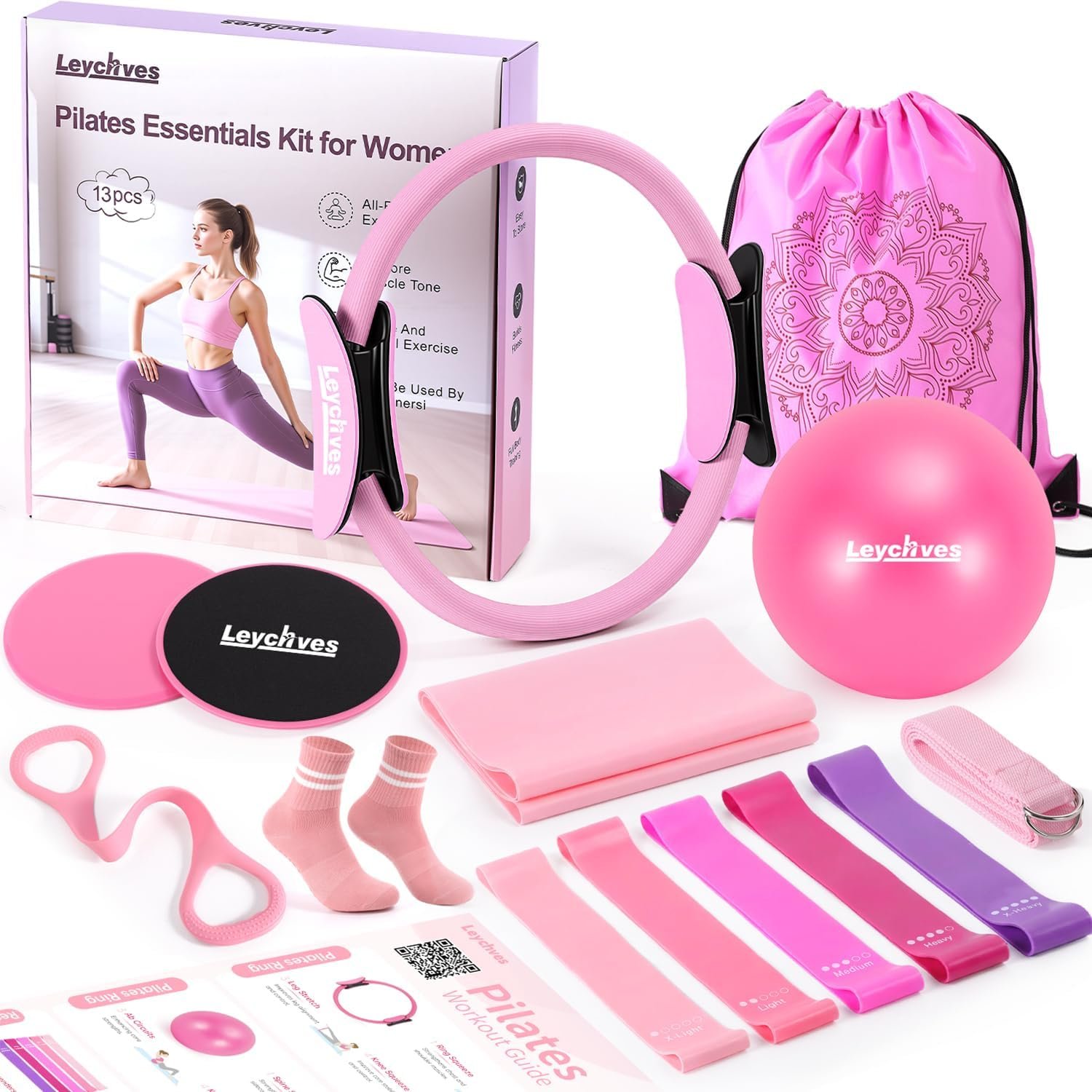 Home Pilates Essentials Kit for Women, Magic Circle Pilates Equipment Ring and Ball Set, Resistance Bands Workout Guide Video for 28 Day Pilates Challenge Starter Kit for Beginners