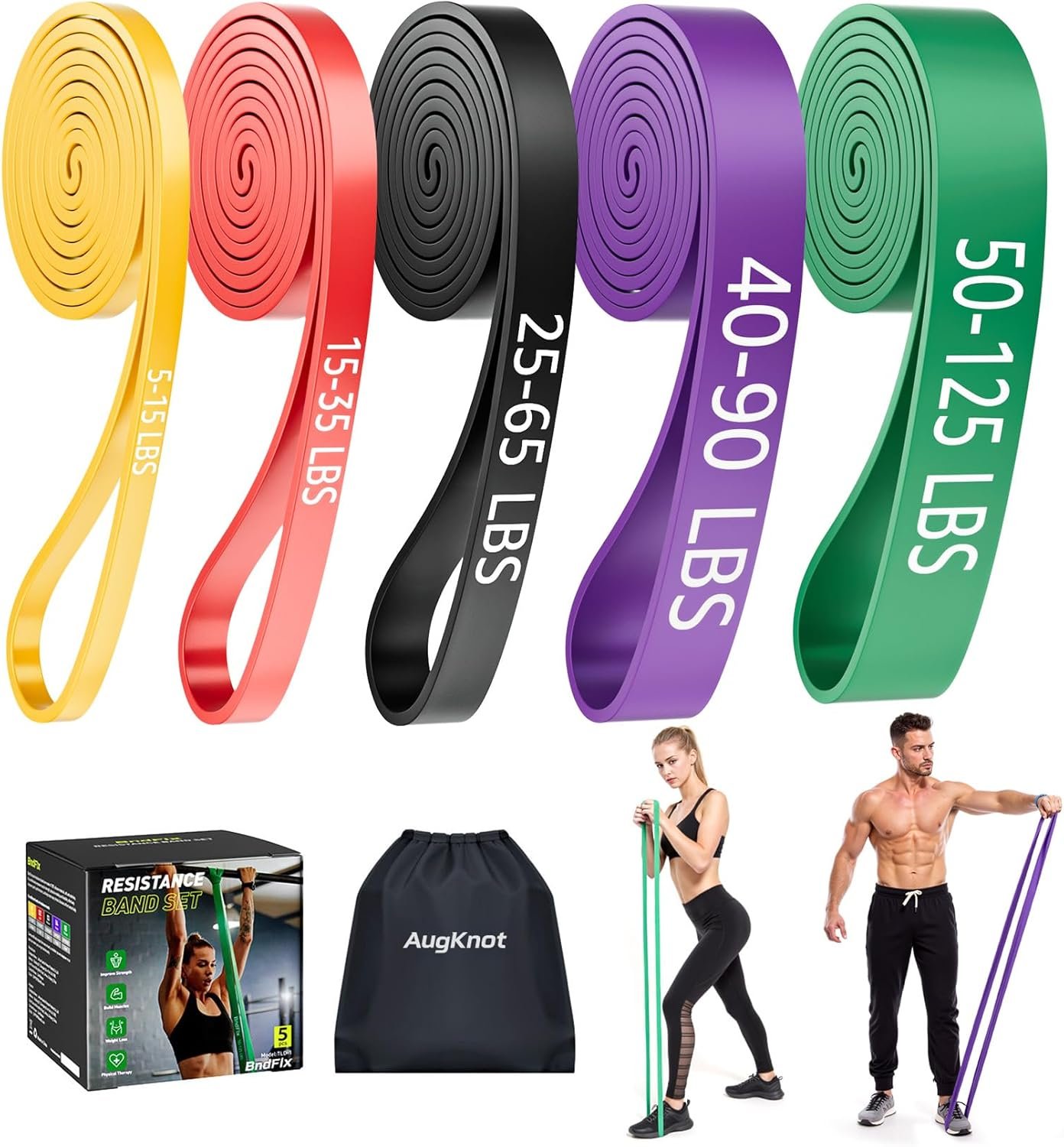 AugKnot Resistance Bands for Working Out: 5-Levels Exercise Bands Set – Pull Up Assistance Elastic Silicone – Physical Therapy/Training/Stretching- Home Gym for Women and Men