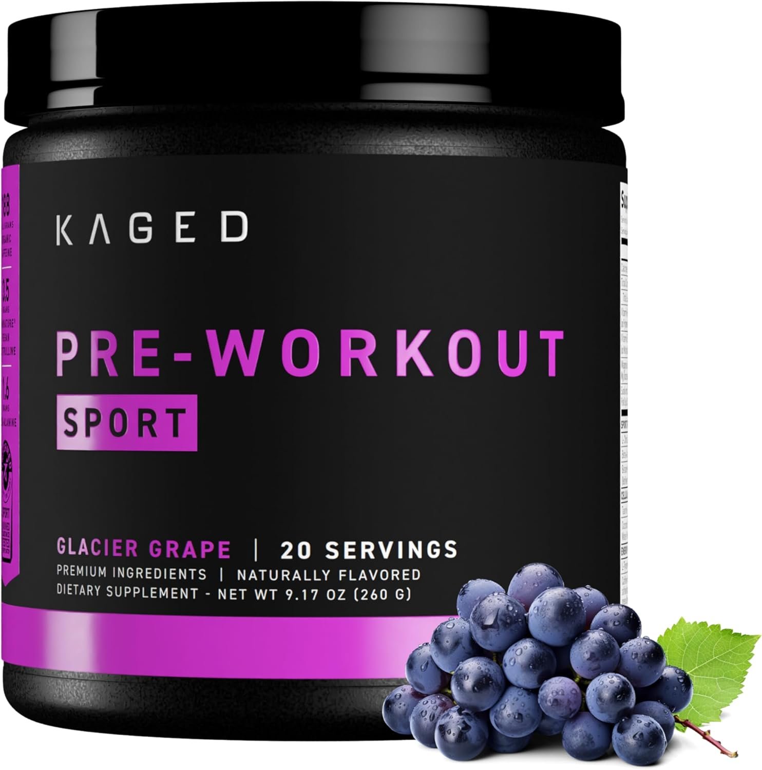 Kaged Sport Pre Workout Powder for Men & Women, Glacier Grape, Sport Certified, 188mg Caffeine, Nitric Oxide Supplement, Beta Alanine for Energy, Weightlifting, Cardio Endurance, Strength, 20 Servings