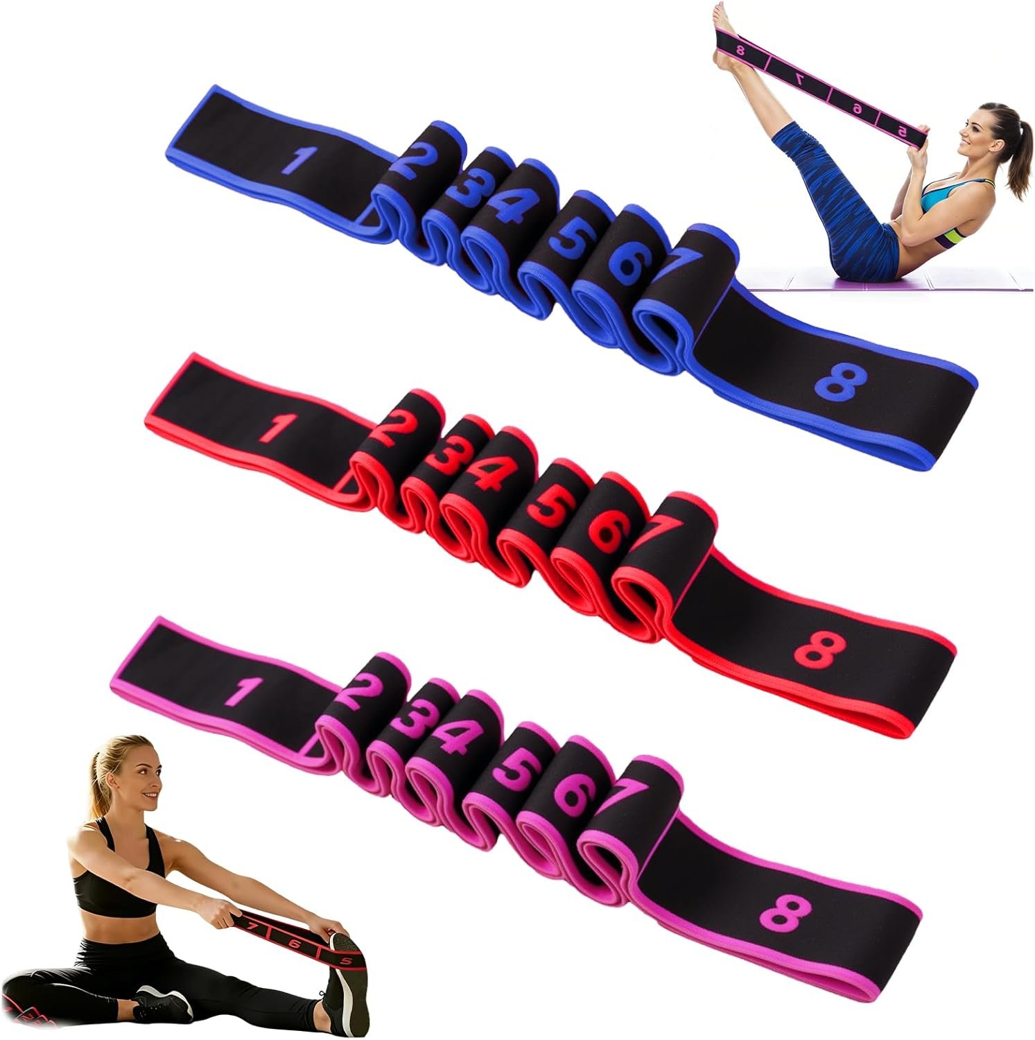 Fitness Resistance Band for Stretching and Yoga,Number Stretch Resistance Band,8-Section Elastic Stretching Strap with Clear Markings For Exercise,Physical Therapy,Full Body Stretching,Pilates-3PCS