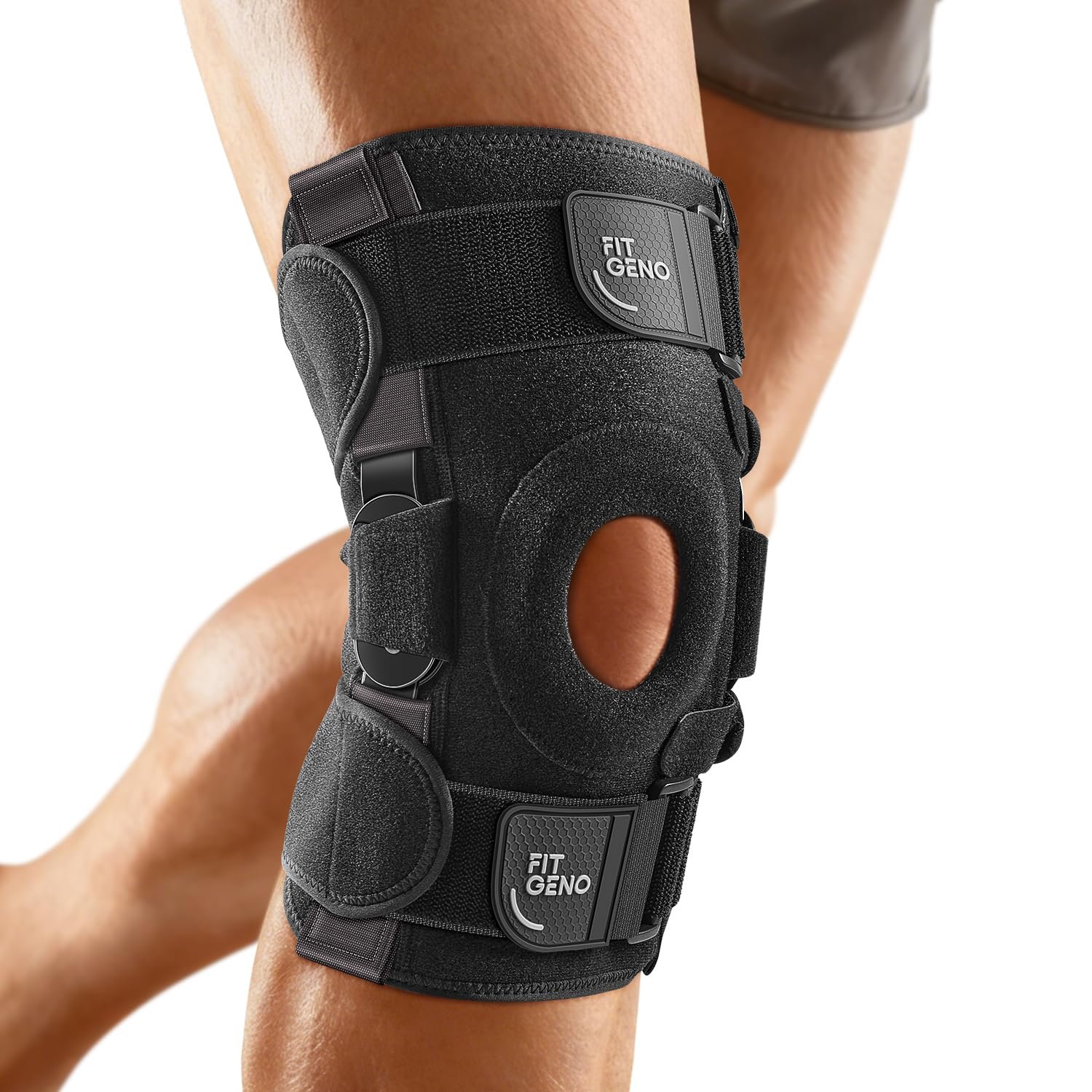 Fit Geno Hinged Knee Brace for Meniscus Tear: Adjustable Knee Support for Knee Pain w/Side Stabilizers & Hinges for Injury or Surgery Recovery – Men and Women
