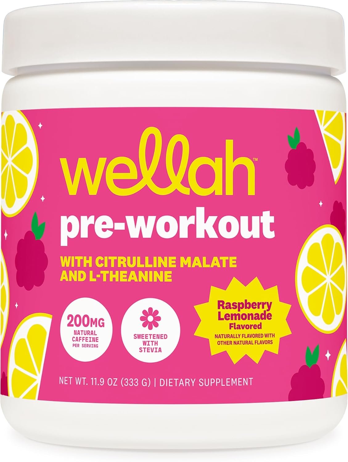 Wellah Pre-Workout Drink Mix (Raspberry Lemonade Flavored, 30 Servings) – with Citrulline Malate and L-Theanine, 200mg of Natural Caffeine & 1000mg of Beta-Alanine