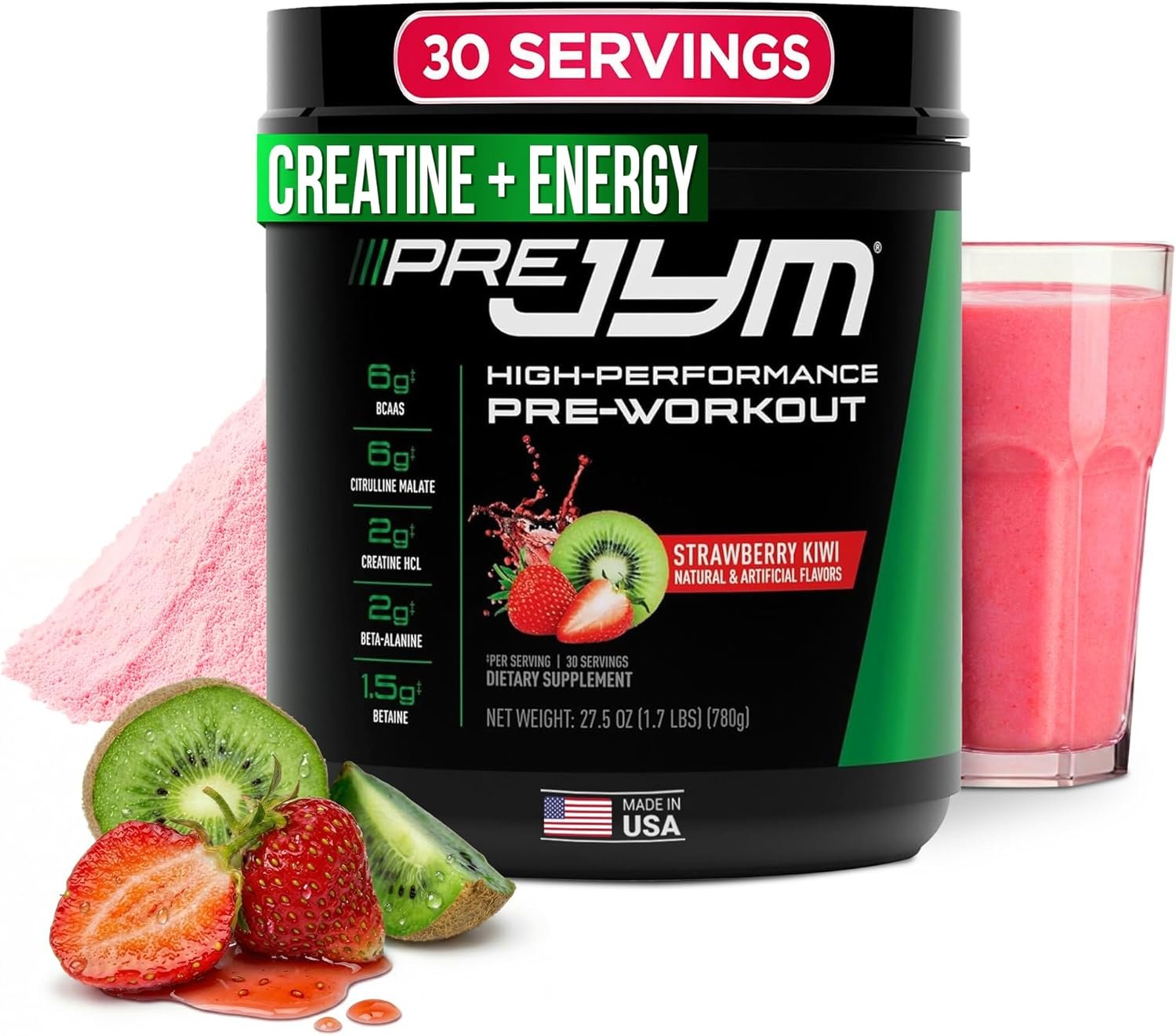 JYM Supplement Science Pre JYM Strawberry Kiwi Pre Workout Powder – BCAAs, Nootropics, Creatine HCI, Citrulline, Beta-Alanine, Betaine, Taurine, Huperzine 30 Servings