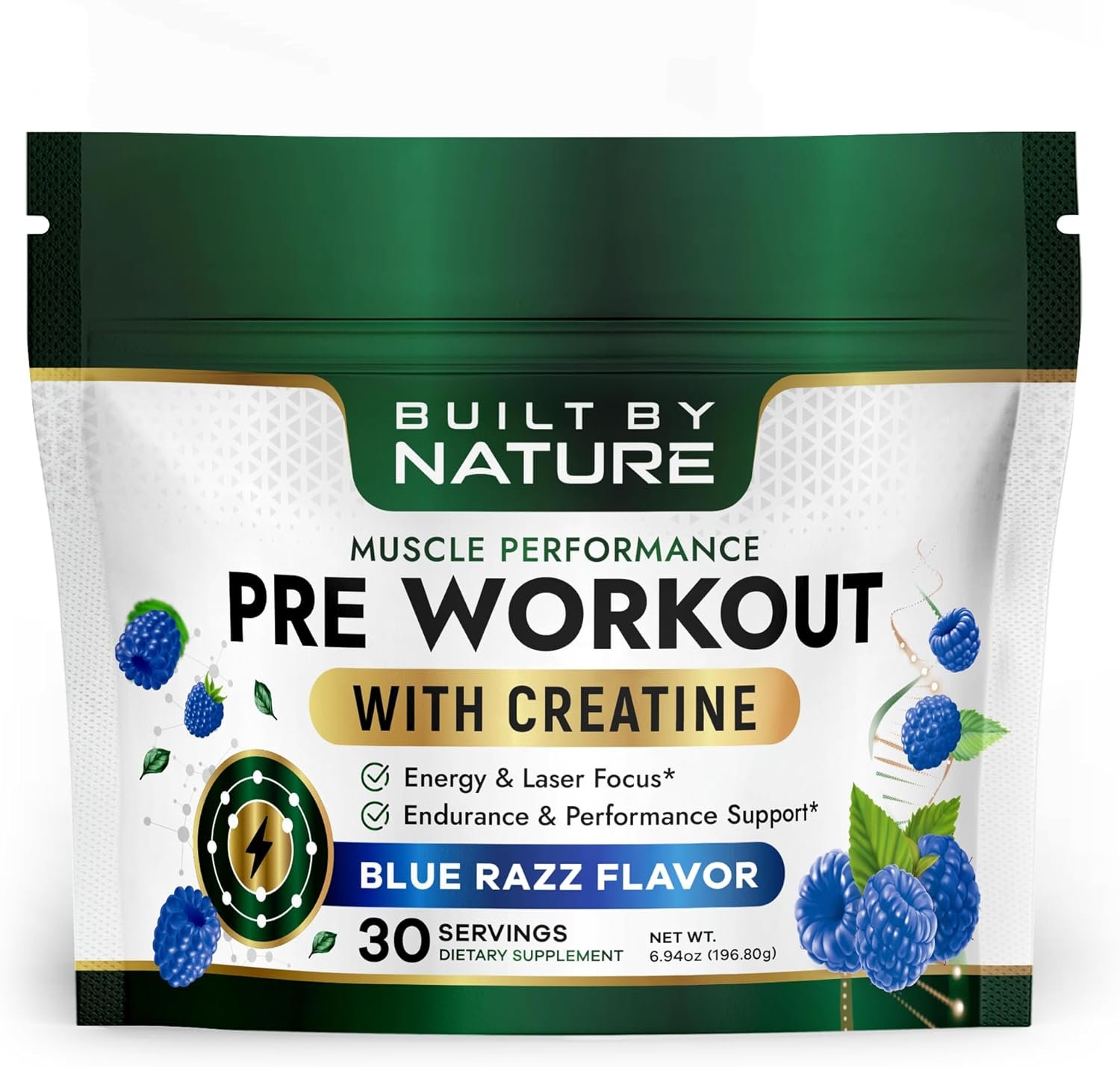 Built by Nature Pre Workout Powder for Men & Women – Preworkout with Creatine for Energy, Focus & Pumps – Sports Nutrition Pre-Workout Supplement – Blue Razz Flavor, 30 Servings