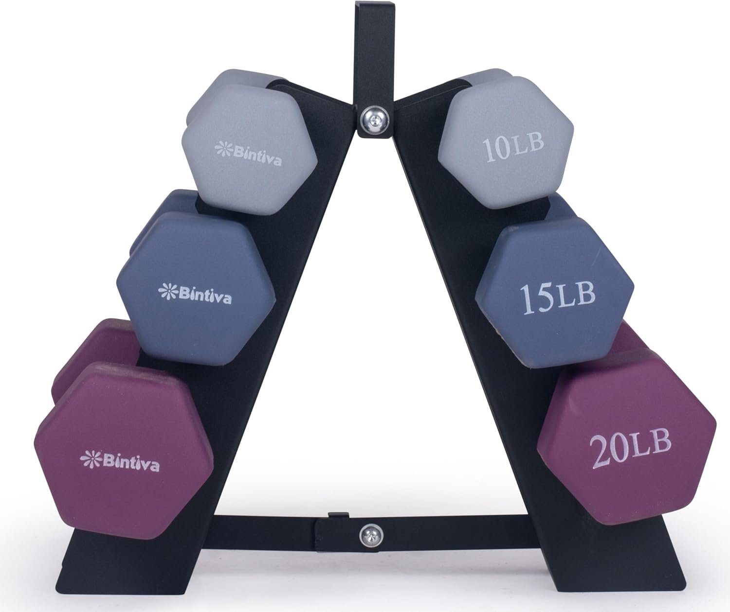 Dumbbell Set with Rack – Neoprene Coated Weights – Hex Color Coded Dumbell Pairs 1-20 LBs