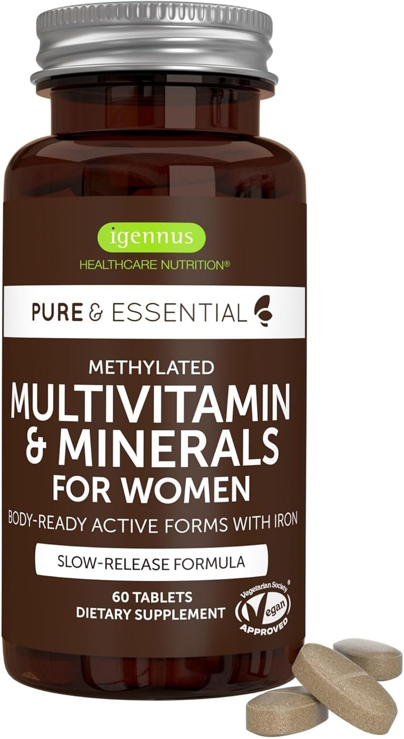 Igennus High Potency Methylated Multivitamin for Women with Gentle Iron, 5-MTHF Folate & Methylcobalamin B12, Pure & Clean, Sustained Release, Active B-Complex & K2 MK-7, Non-GMO, 60 Vegan Tablets