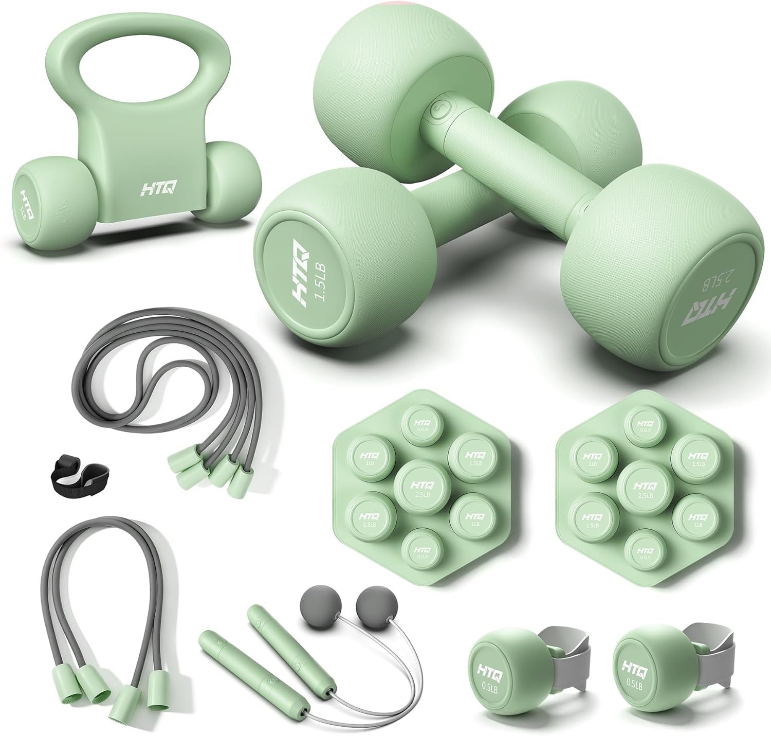 HTQ Adjustable Dumbbell Set for Women, 2-17LBS Total Plate Weight Home Workout Equipment with Kettlebell, Wrist Weights, Resistance Tube, Jump Rope, Pink/Green Free Weights Set for Women at Home