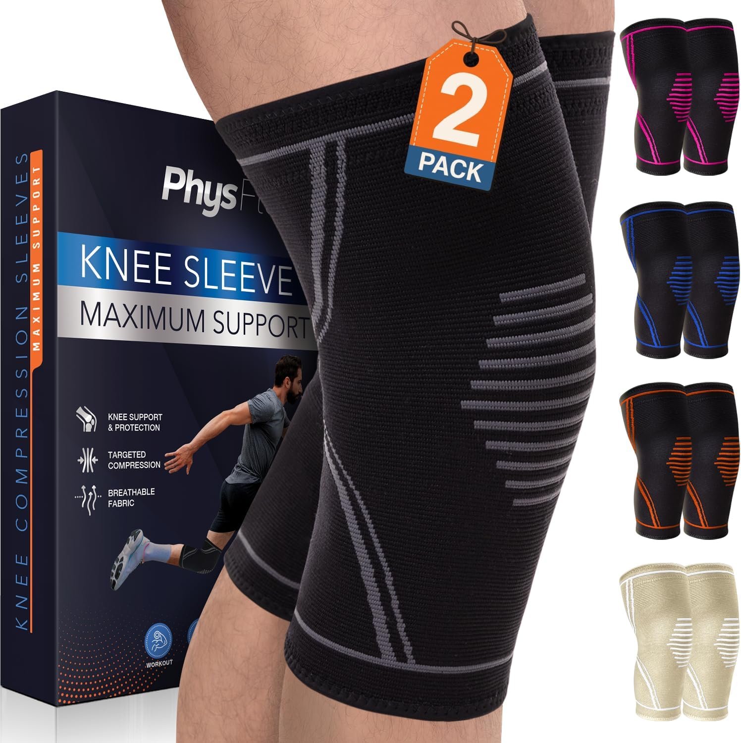 PhysFlex Knee Brace for Pain Relief – 2 Pack Knee Compression Sleeves for Men and Women – Support for Weightlifting, Gym, Workout, Volleyball – Meniscus Tear, ACL, Arthritis