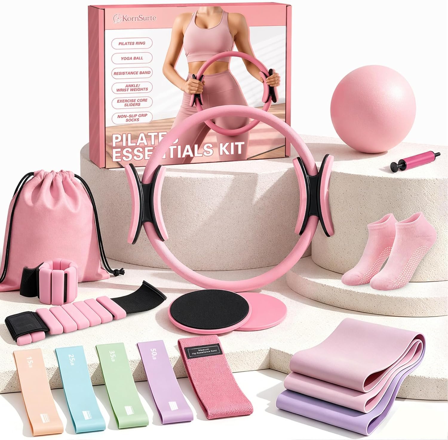 kornsurte Pilates Equipment Kit for Home Workout, 14.5” Pilates Ring and Ball Set, Resistance Bands, Ankle Weights, Pilates Essentials Starter Set for Beginners Toning Strength