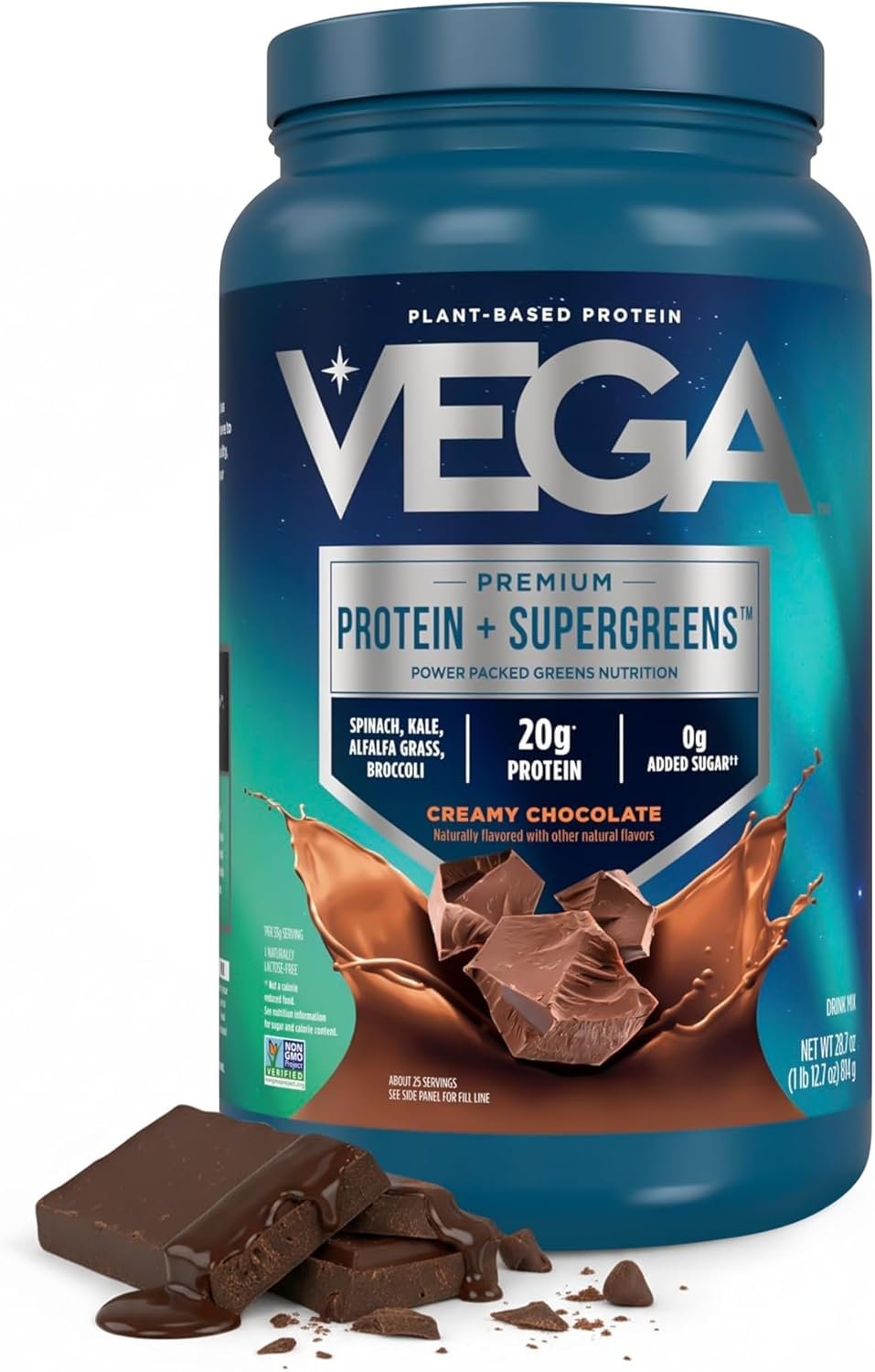 Vega Premium Protein + Supergreens, Chocolate – 20g Vegan Protein, Dairy & Gluten Free, 28.8 oz (25 Servings)