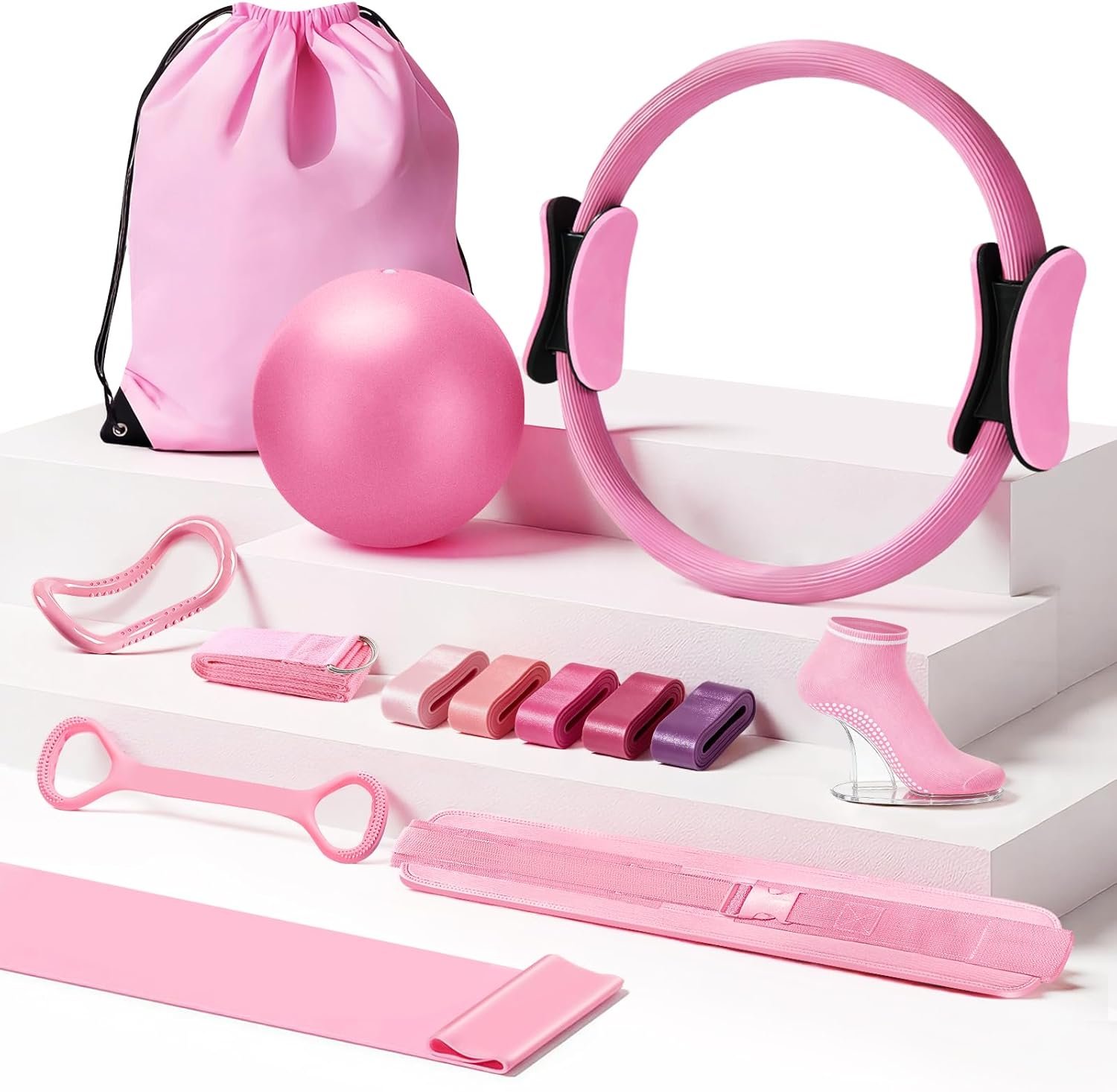 Pilates Kit for Home Workouts, Pilates Equipment Ring and Ball Set with Hip Thrust Belt, Pilates Essentials Kit for Women, Home Pilates Workout Starter Kit for Toning & Strength (Pink)