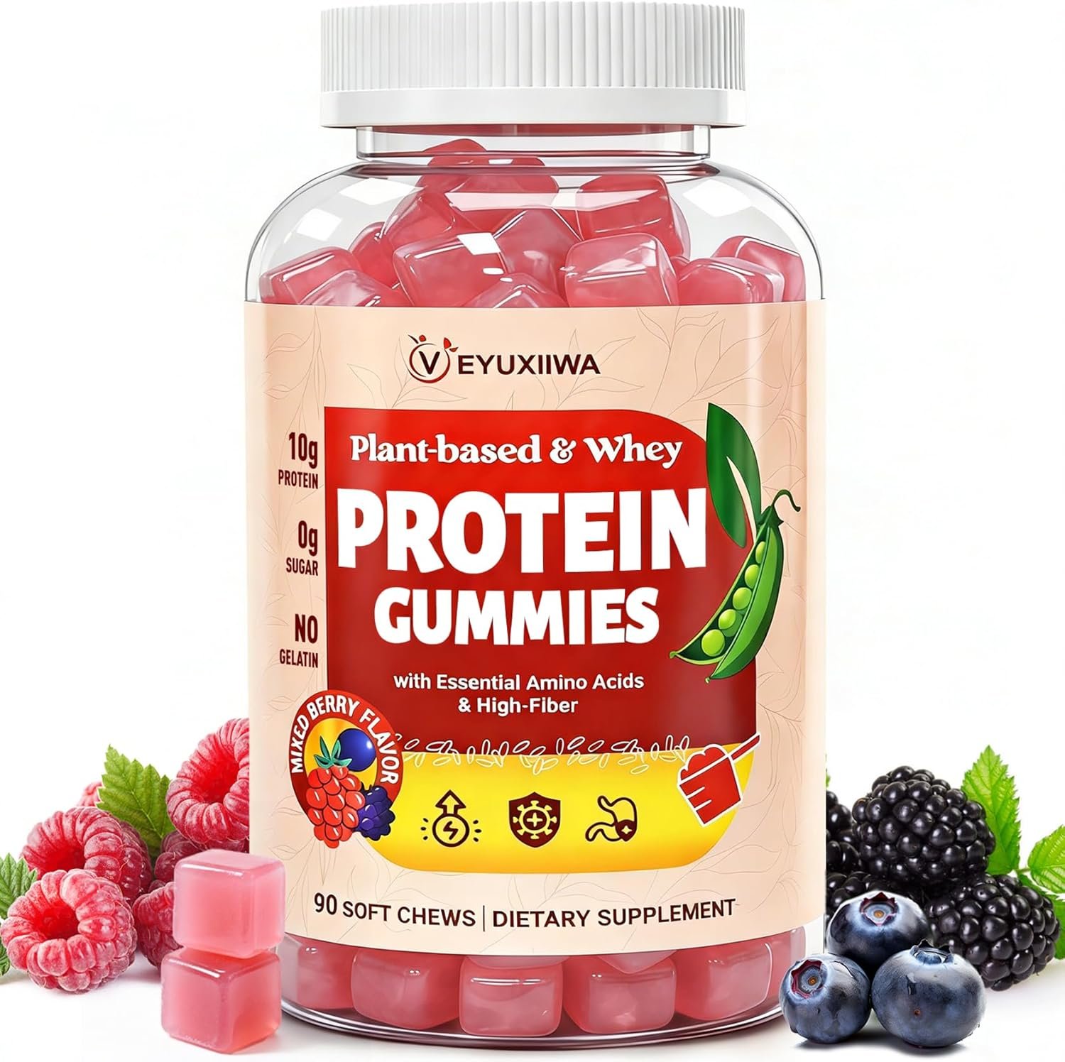 Whey Protein with Plant Based & Amino Acids – Protein Powder Alternative, Immunity, Energy & Gut Support, 90 Protein Gummies for Women & Men, Zero Free, No Gelatin, 10g High Protein Mixed Berry Flavor
