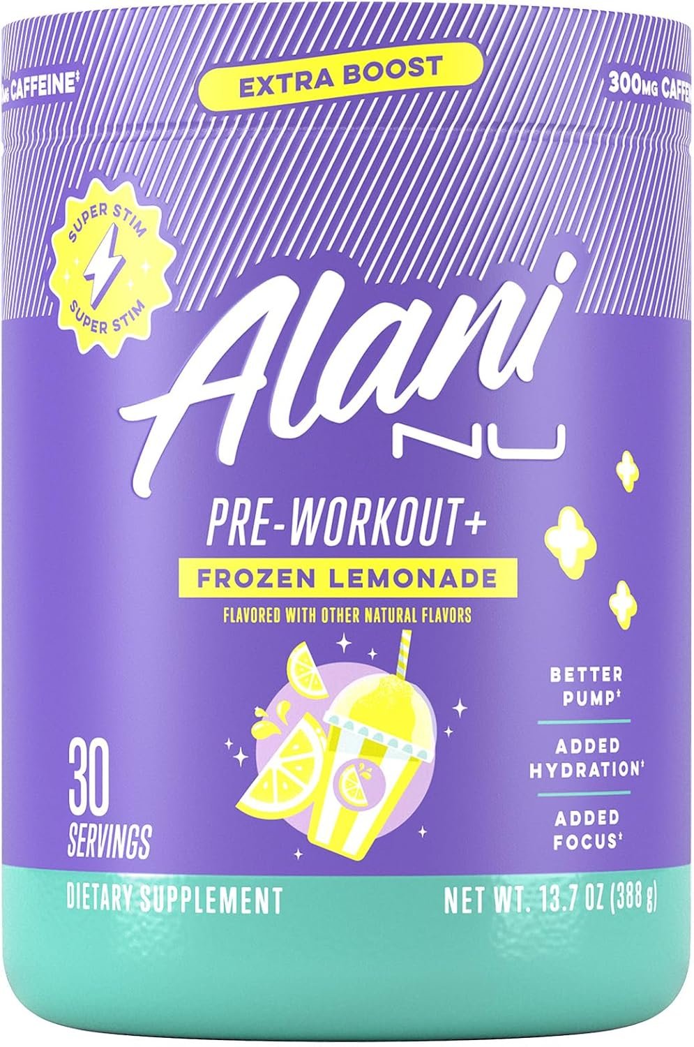 Alani Nu Pre Workout+ Powder Frozen Lemonade, Extra Boost, Sugar Free, 300mg Caffeine, L-Theanine, Beta-Alanine, Citrulline, 30 Servings