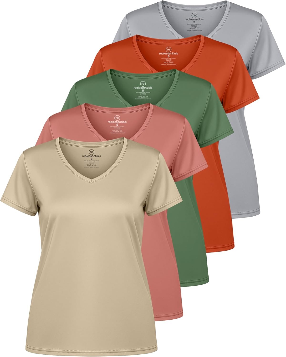 Real Essentials 5 Pack: Women’s Dry-Fit Short Sleeve V Neck T Shirt Workout Fitness Yoga Top Tee (Available in Plus Size)
