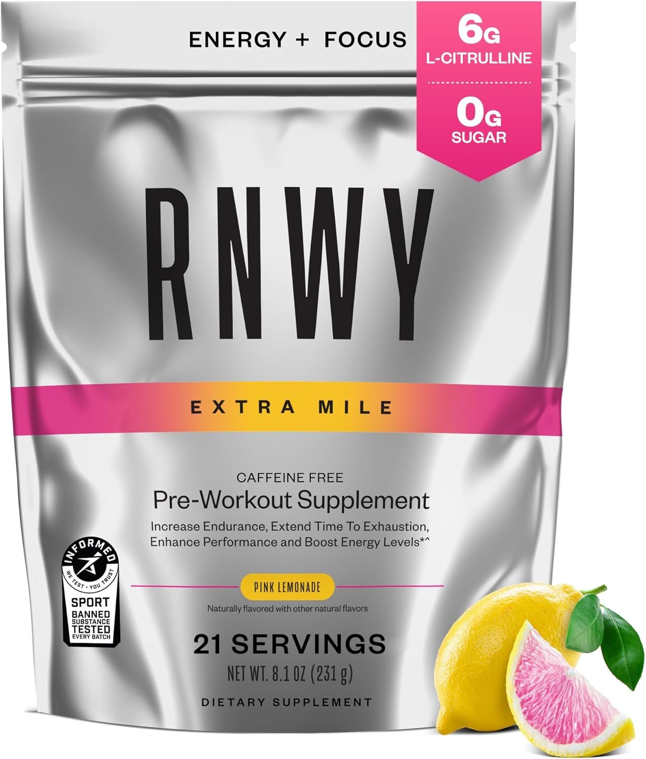 RNWY Extra Mile Caffeine Free Pre Workout Powder, 6g L-Citrulline, Sugar Free, Stimulant Free, with Dynamine™ and TeaCrine® for Endurance and Focus, 21 Servings (Pink Lemonade)