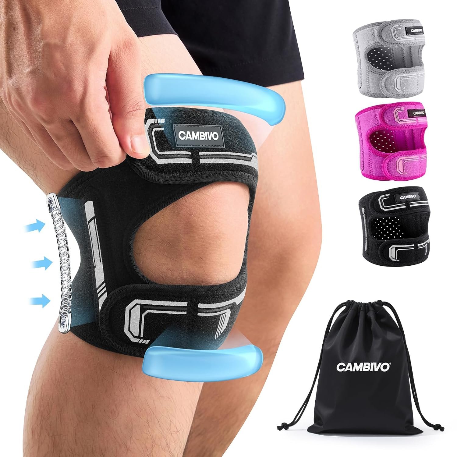 CAMBIVO Patella Tendon Support Knee Brace for Women & Men, Adjustable Knee Strap with Gel Pad & Side Stabilizers, Breathable Lightweight Knee Support for Running, Training & Daily Use (Black, L/XL)