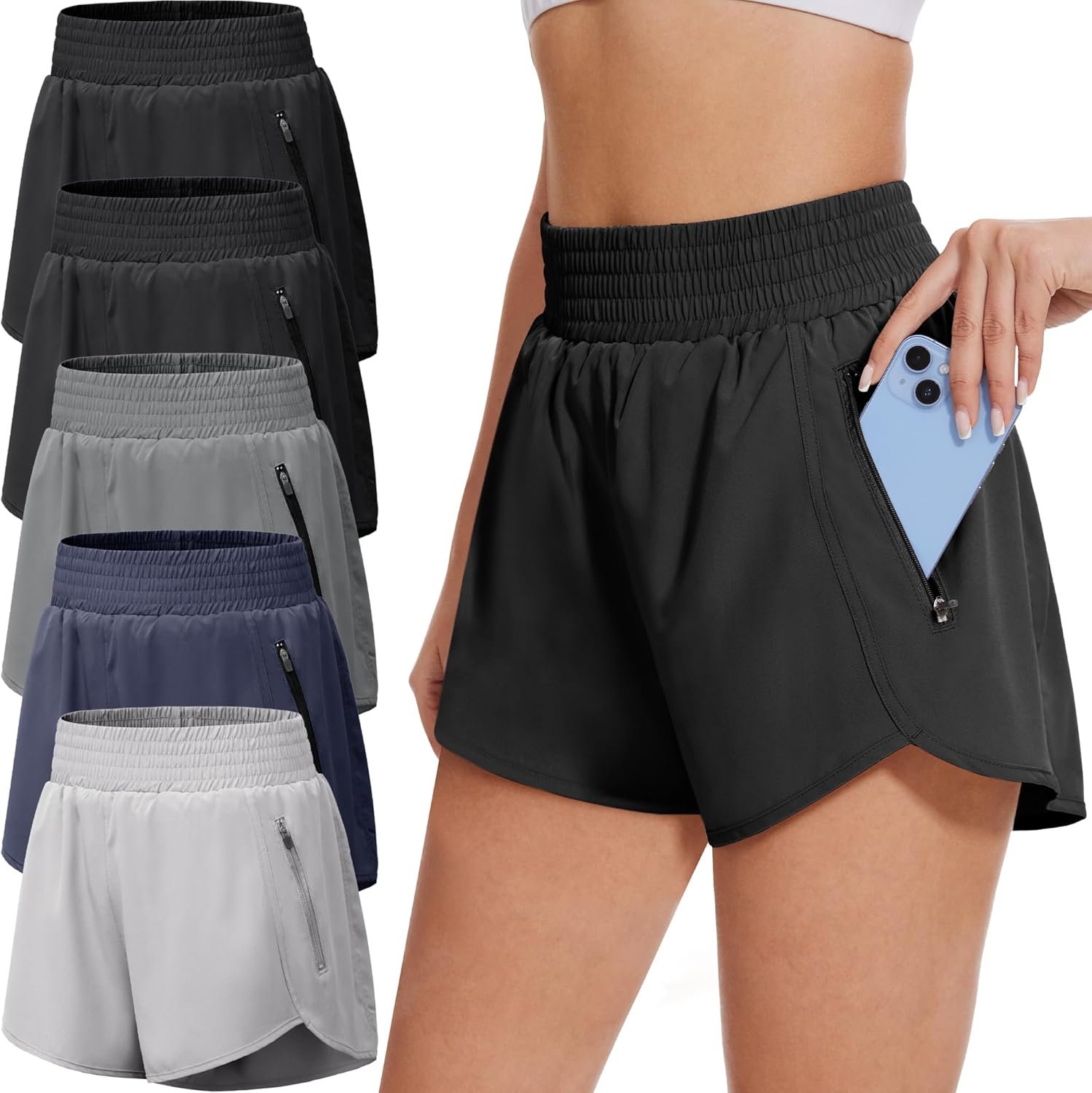 BALENNZ Women’s Athletic Workout Shorts with Zipper Pockets Activewear Elastic Waist Gym Running Shorts