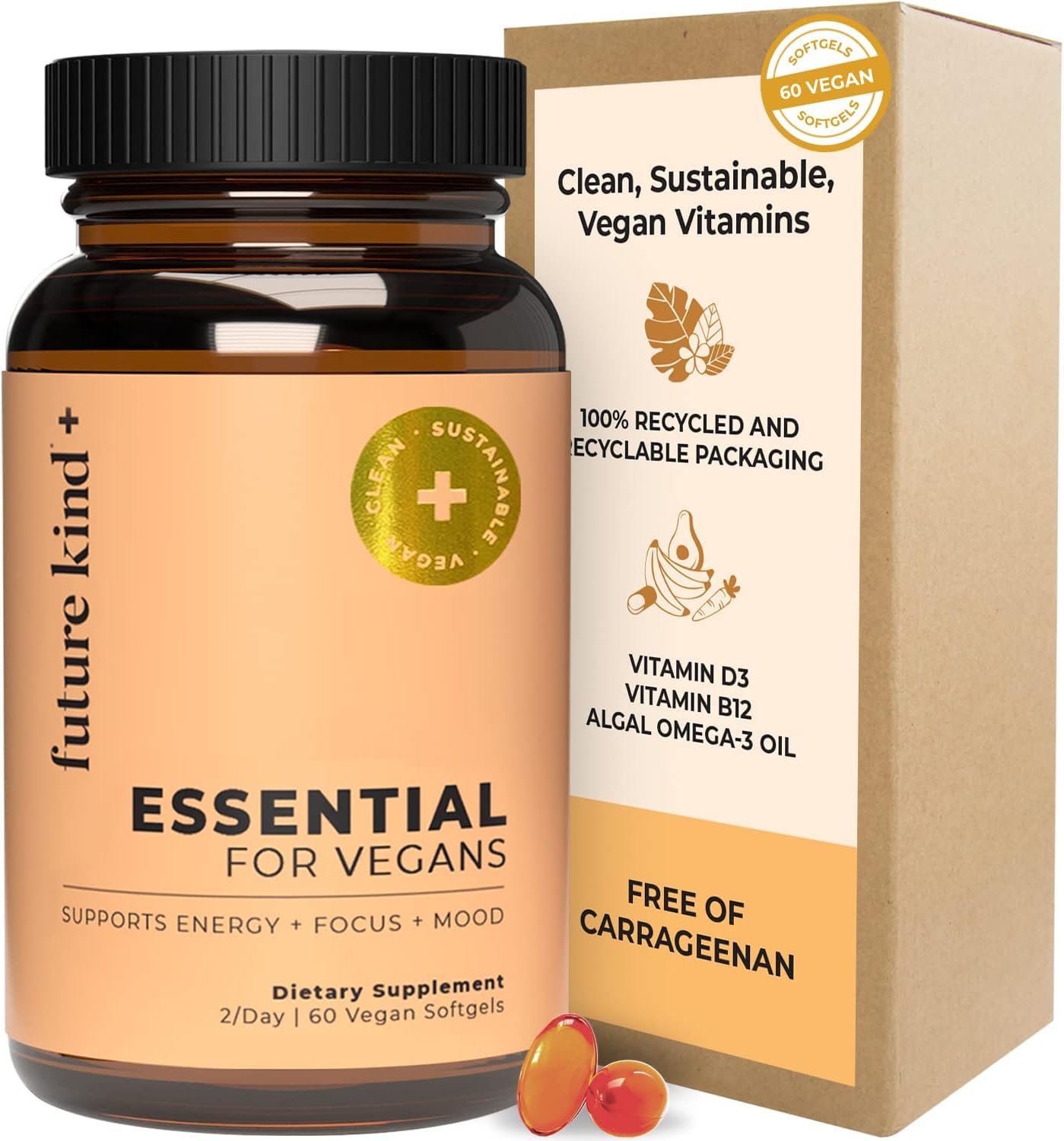 Future Kind 3 in 1 Daily Multivitamin – for Energy, Clarity, Active Wellness Support with B12, D3, and Algal Omega-3 – Essential Vegan Multivitamin for Women & Men – Tiny Citrus Softgels (60 Count)