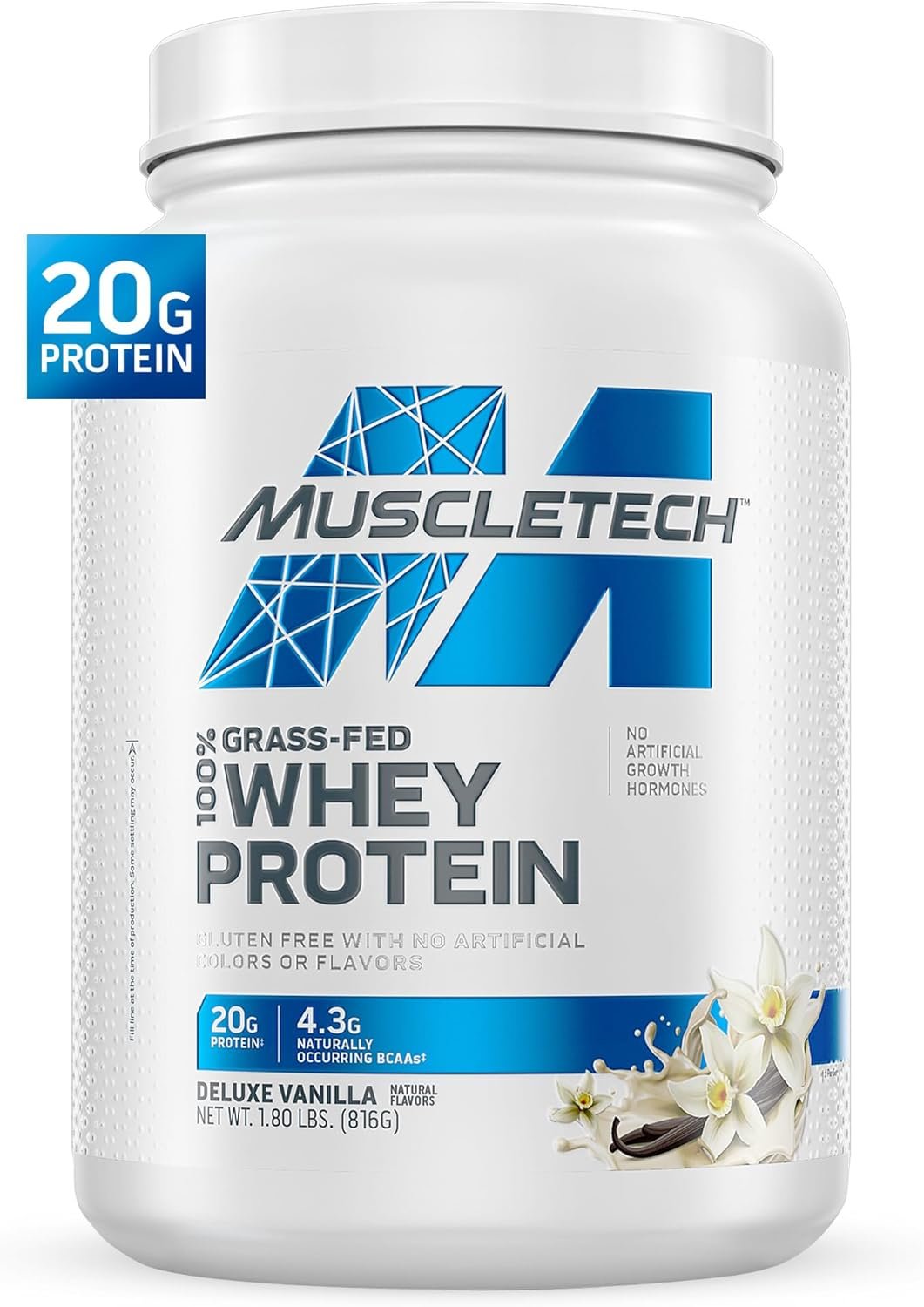 Muscletech Grass-Fed Whey Protein Powder (Deluxe Vanilla, 1.8 lb) – Smoothie & Milkshake Mix Supports Muscle Gain & Recovery – 20g Protein – Non-GMO & Gluten-Free