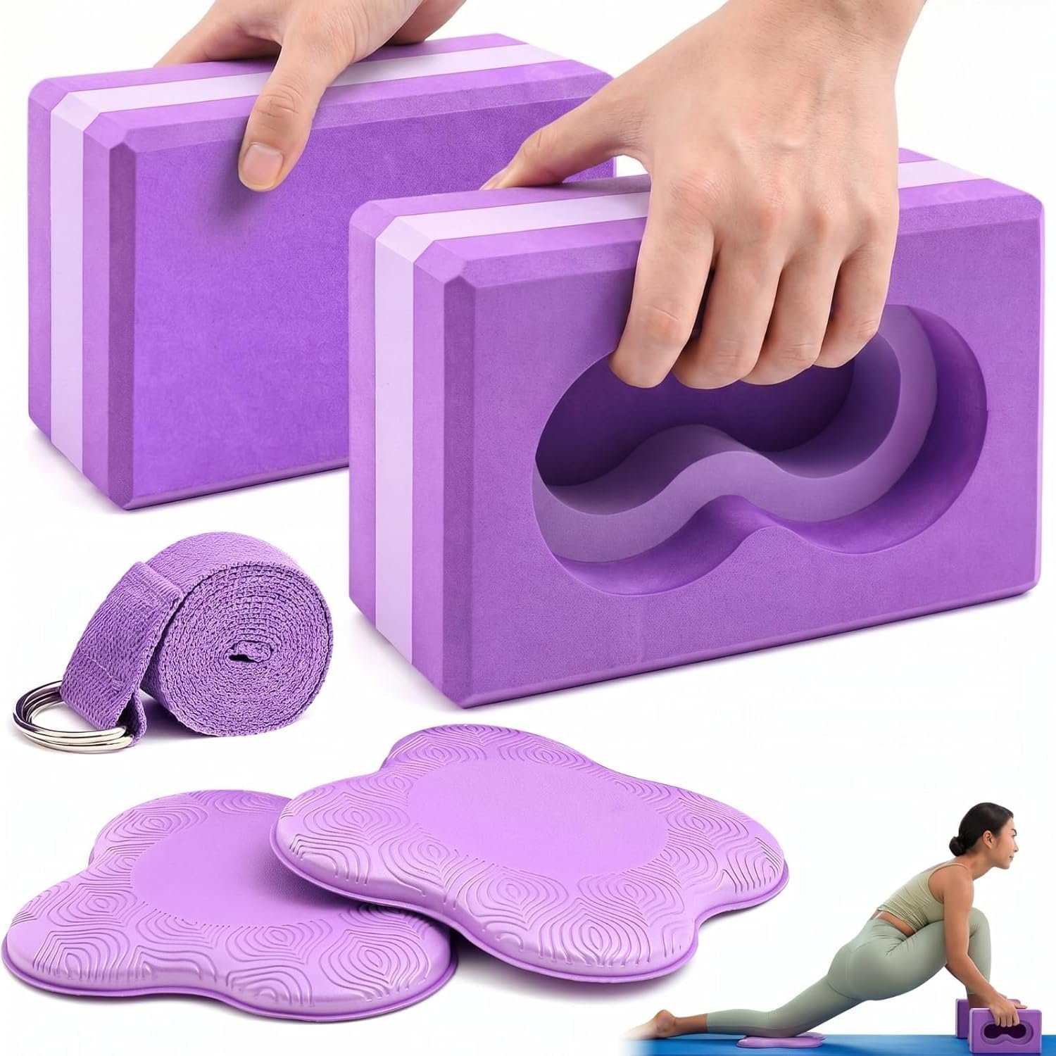 Yoga Blocks 2 Pack for Wrist Relief Yoga Blocks Wrist Support Set with Knee Pads and Strap Improve Comfort and Grip, Nonslip EVA Foam Pilates Exercise Balance Stretching Accessories Meditation