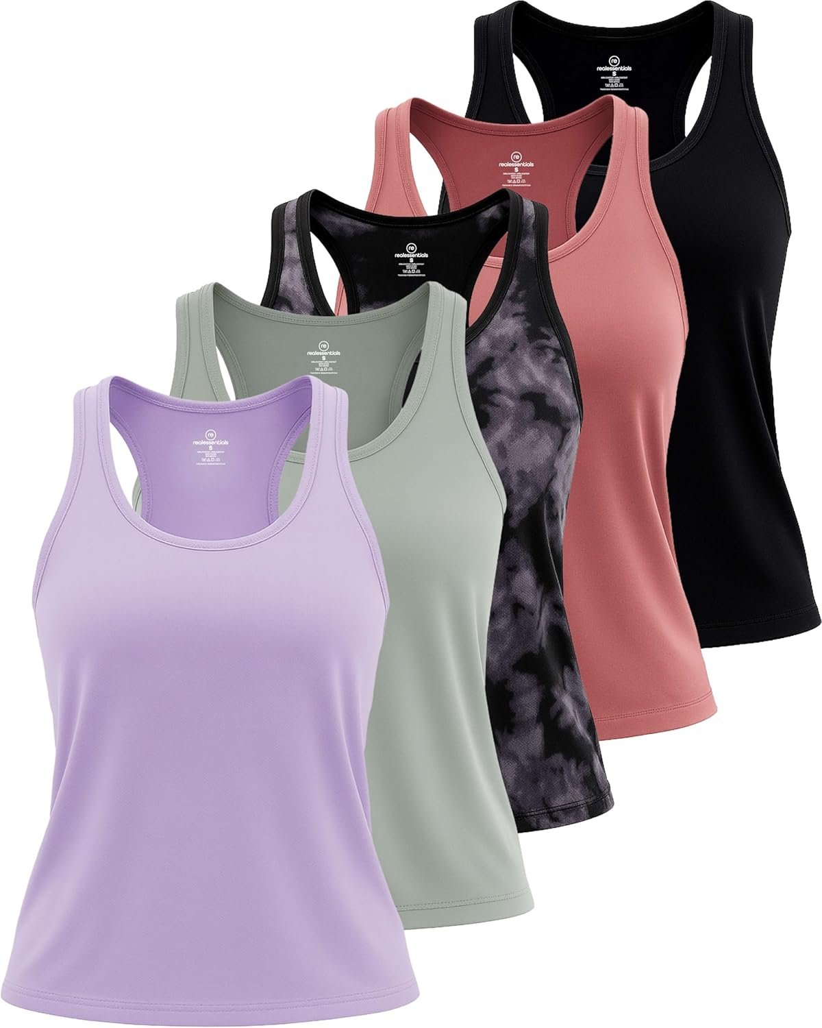 Real Essentials 5 Pack: Women’s Racerback Tank Top Dry-Fit Athletic Performance Yoga Activewear (Available in Plus Size)