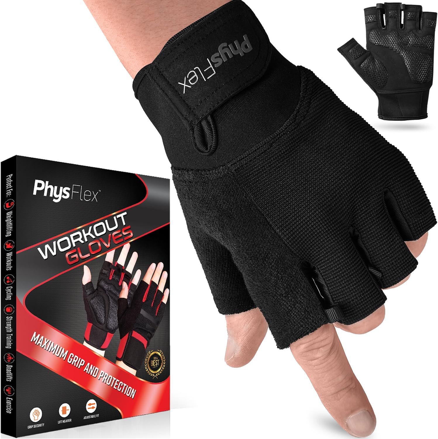 PhysFlex Workout Gloves for Men & Women – Weight Lifting & Gym Gloves with Enhanced Grip, Wrist Support & Palm Protection – Fitness, Training, Crossfit, Cycling & Exercise