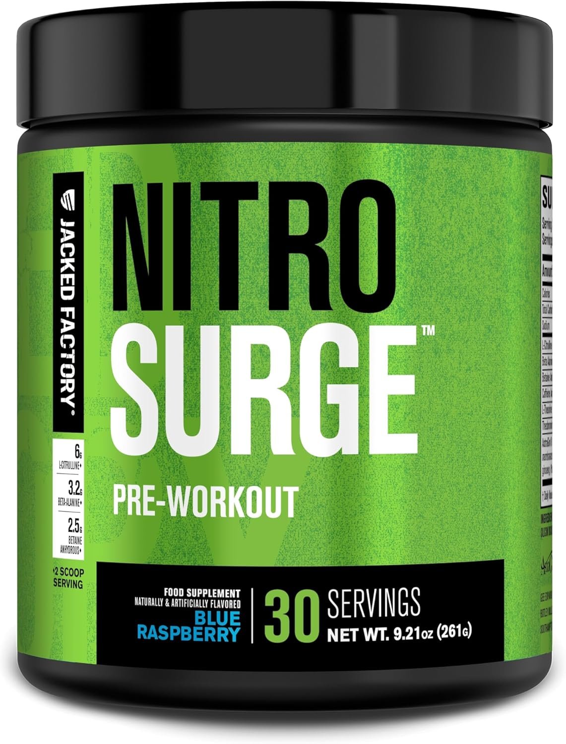 Jacked Factory NITROSURGE Pre Workout Supplement – Energy Booster, Instant Strength Gains, Clear Focus & Intense Pumps – NO Booster & Powerful Preworkout Energy Powder – 30 Servings, Blue Raspberry