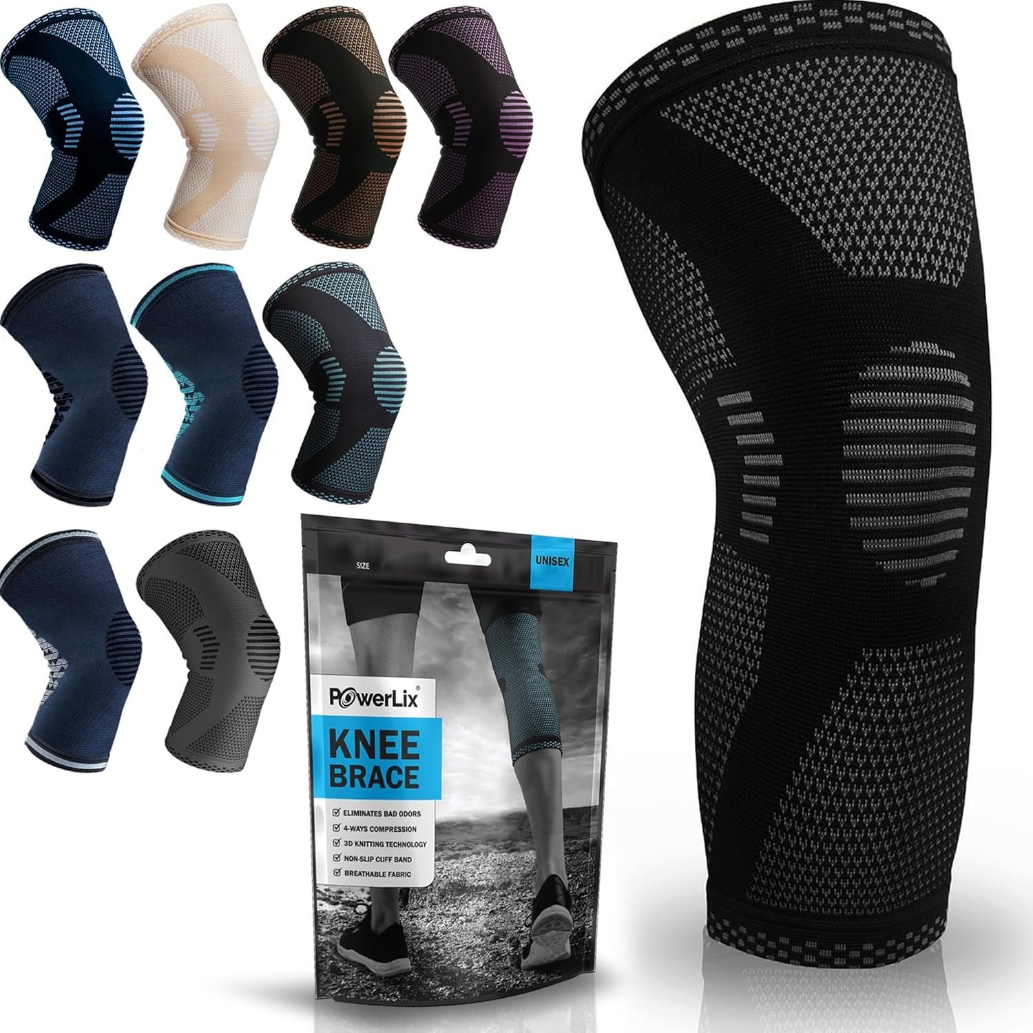 POWERLIX Knee Compression Sleeve – Best Knee Brace for Men & Women – Knee Support for Running, Basketball, Weightlifting, Gym, Workout, Sports, (Black, Large)