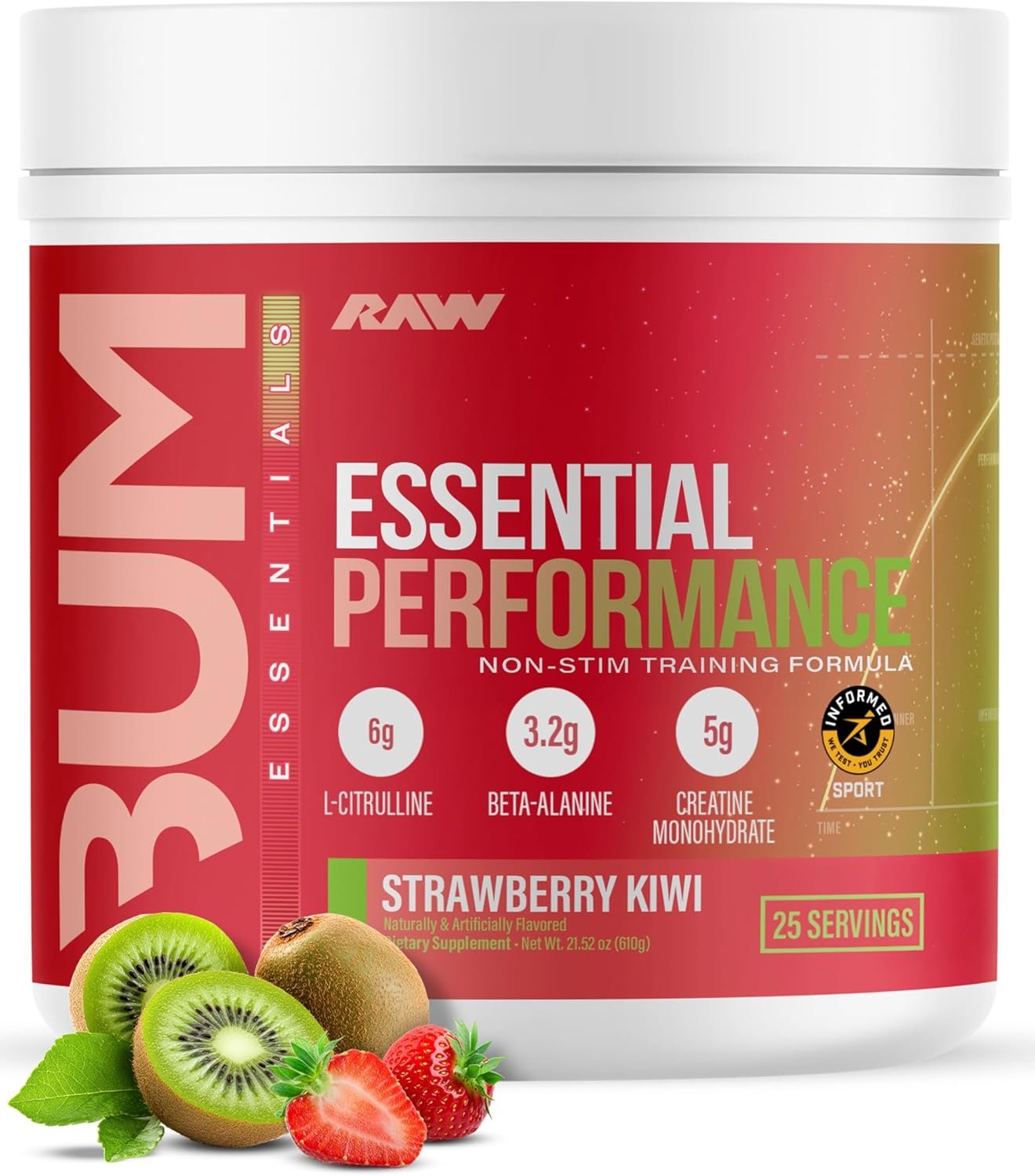 RAW Essential Performance Non-Stim Pre-Workout Powder – Preworkout for Endurance, Strength & Focus Without Caffeine or Stimulants – Creatine Monohydrate, L-Citrulline & Beta Alanine – Strawberry Kiwi