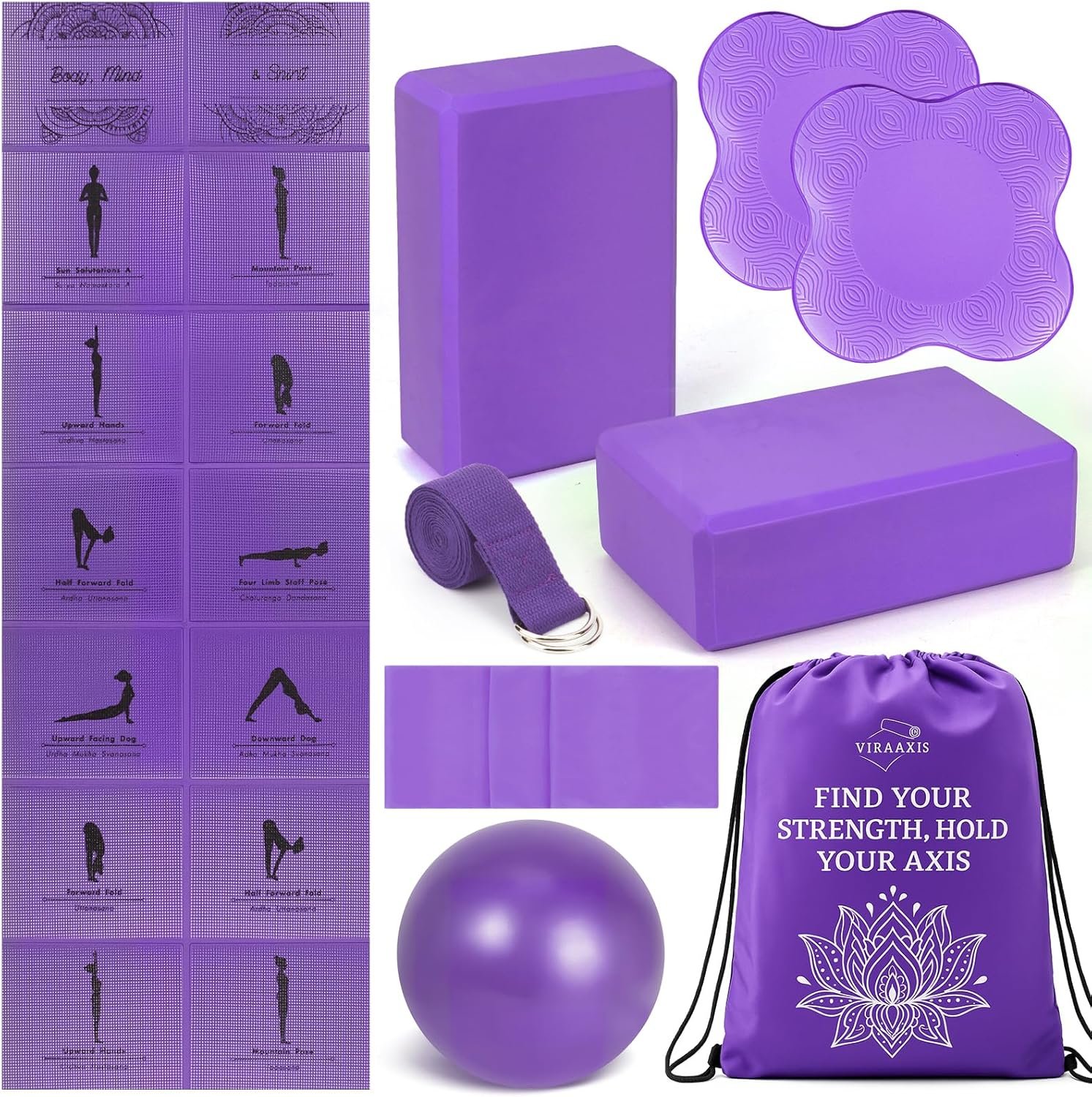Foldable Yoga Mat and Blocks Set for Women with 2 Pack Yoga Blocks and Strap,Thin Non Slip Pilates Mat with Bag, Home Workout Equipment Essentials Starter Kit for Beginners Full Body Toning