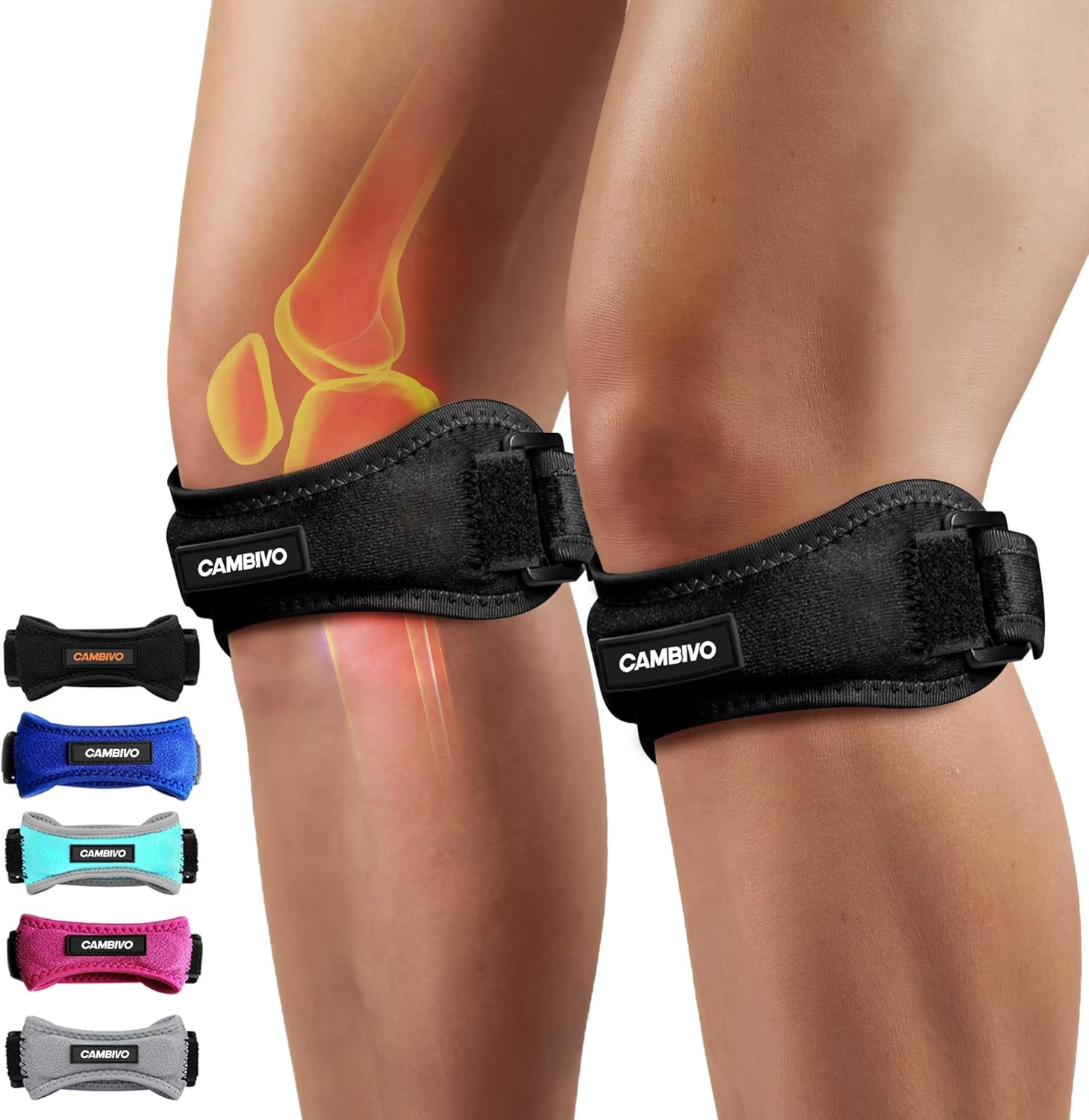 CAMBIVO 2 Pack Patella Tendon Knee Straps, Knee Brace for Women & Men with Extra Straps, Patella Bands for Pain Relief, Osgood Schlatter, Jumper’s Knee, Tendonitis, Running, Volleyball