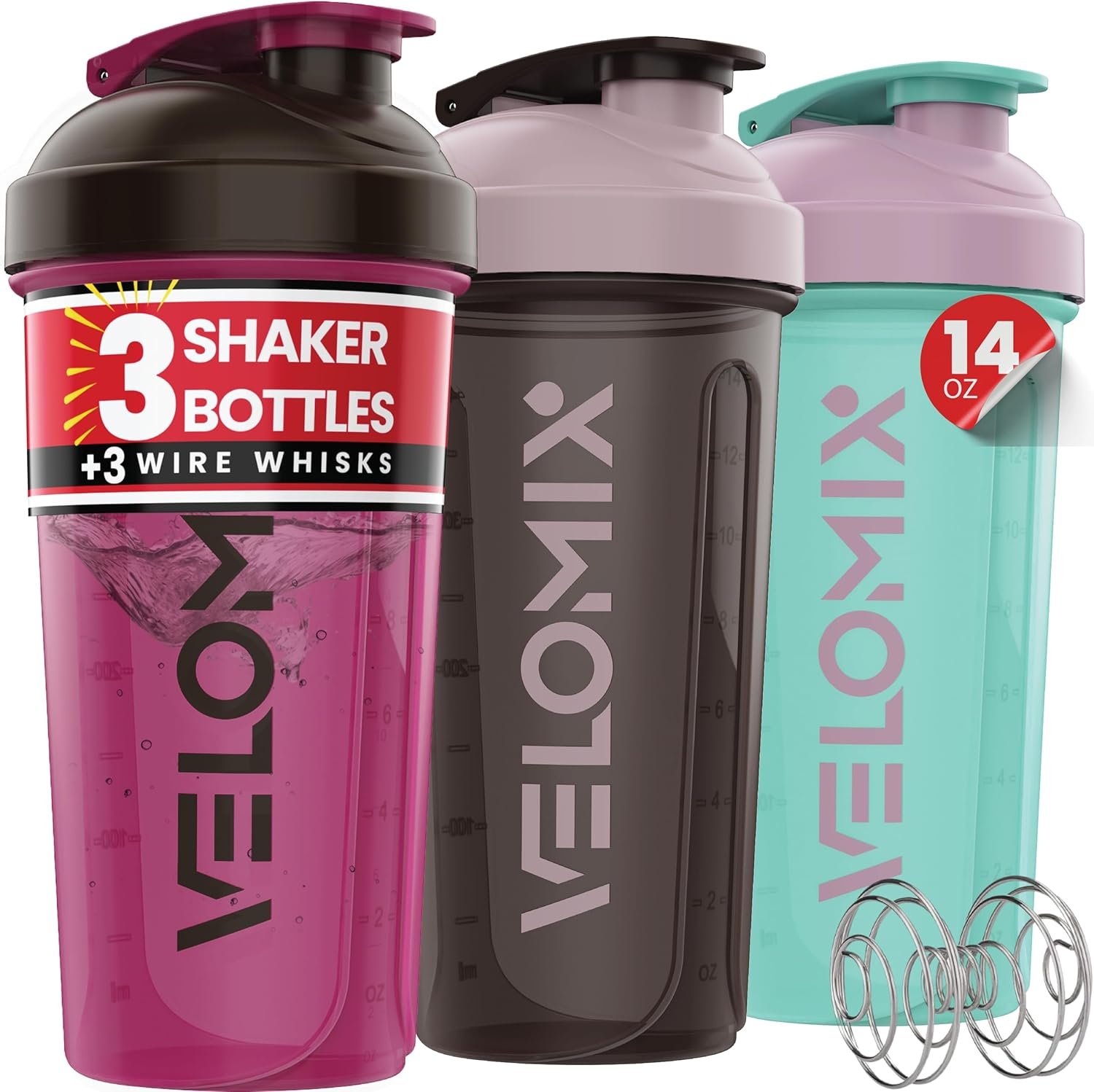 VELOMIX -3 PACK- 14 oz Protein Shaker Bottle for Protein Mixes – 3x Wire Whisk | Leak Proof Shaker Cups for Protein Shakes | Stackable Protein Shaker Bottle Pack | Dishwasher Safe (Mixed Colors)