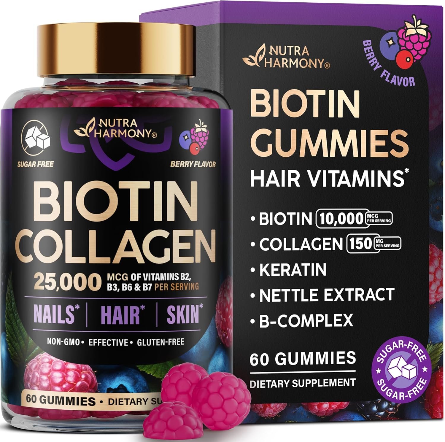 Biotin Gummies with Collagen – Hair Growth Support, Skin, & Nail Strength – for Women & Men – Biotin 10000mcg | Keratin | Hyaluronic Acid | B-Complex | Nettle – Sugar-Free, Mixed Berry, 60 Gummies