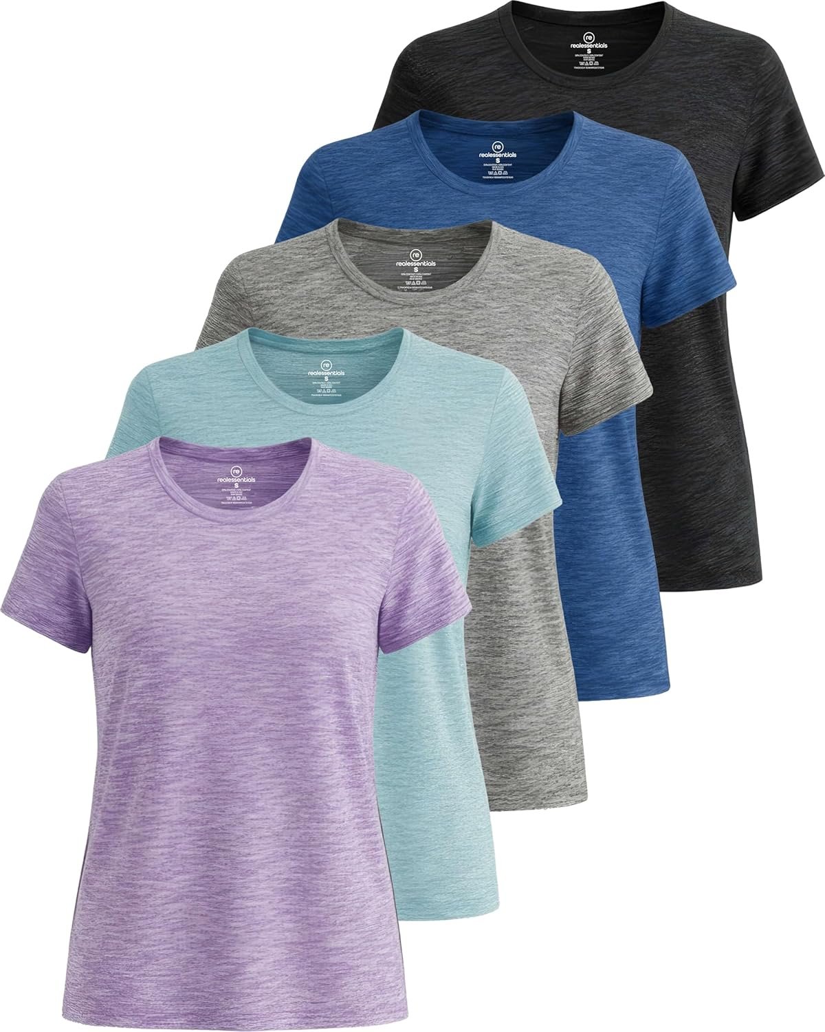 Real Essentials 5 Pack: Women’s Short Sleeve T-Shirts Workout Tops Fitness Pilates Gym Activewear Athletic (Plus Available)