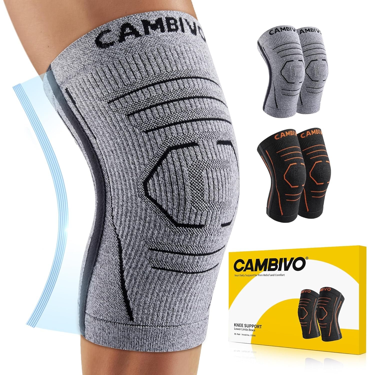 CAMBIVO 2 Pack Knee Brace for Women & Men, Latex Free & Silicone Free Compression Knee Sleeves with Side Stabilizers, Lightweight Knee Support for Arthritis, Meniscus, Walking, Running (Gray, Large)